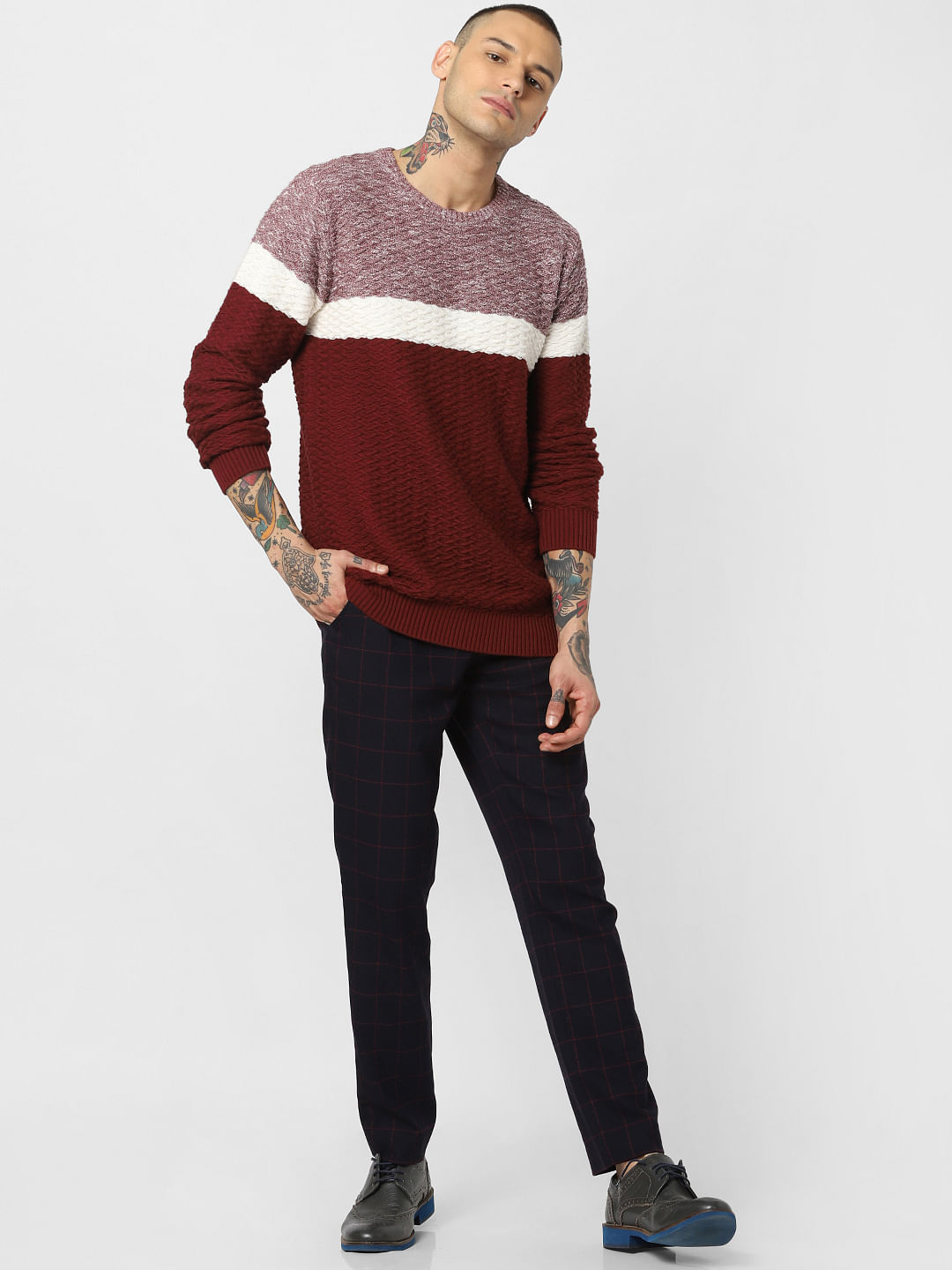 Maroon Colourblocked Textured Pullover
