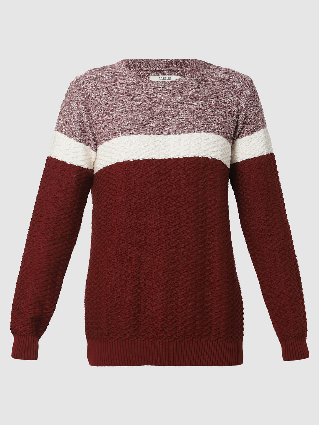 Maroon Colourblocked Textured Pullover