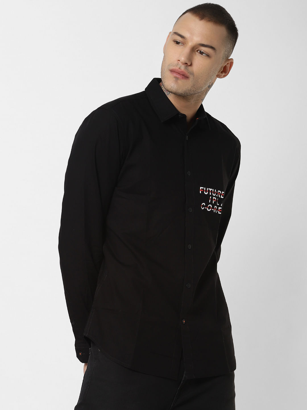 Black Text Print Full Sleeves Shirt