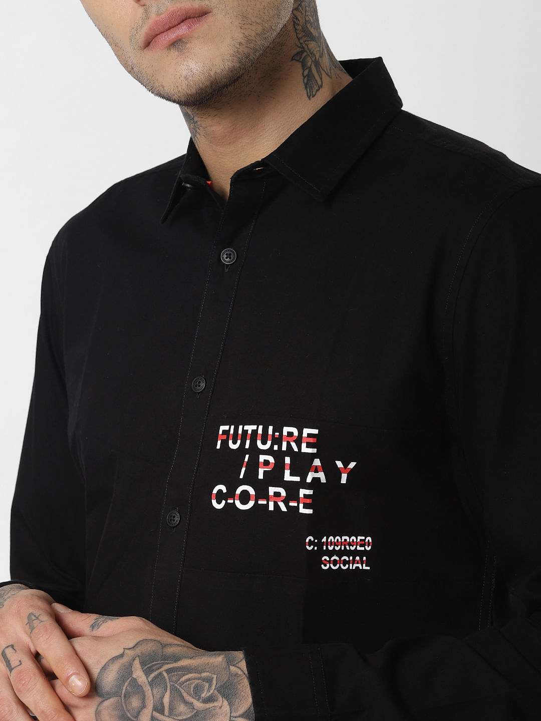 Black Text Print Full Sleeves Shirt