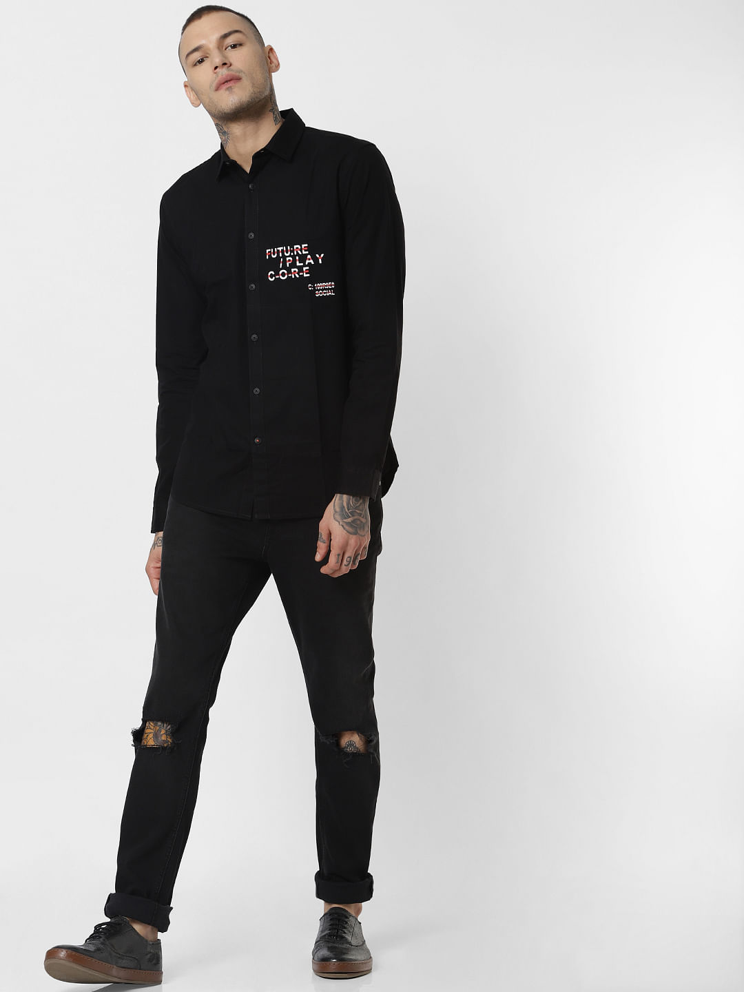 Black Text Print Full Sleeves Shirt