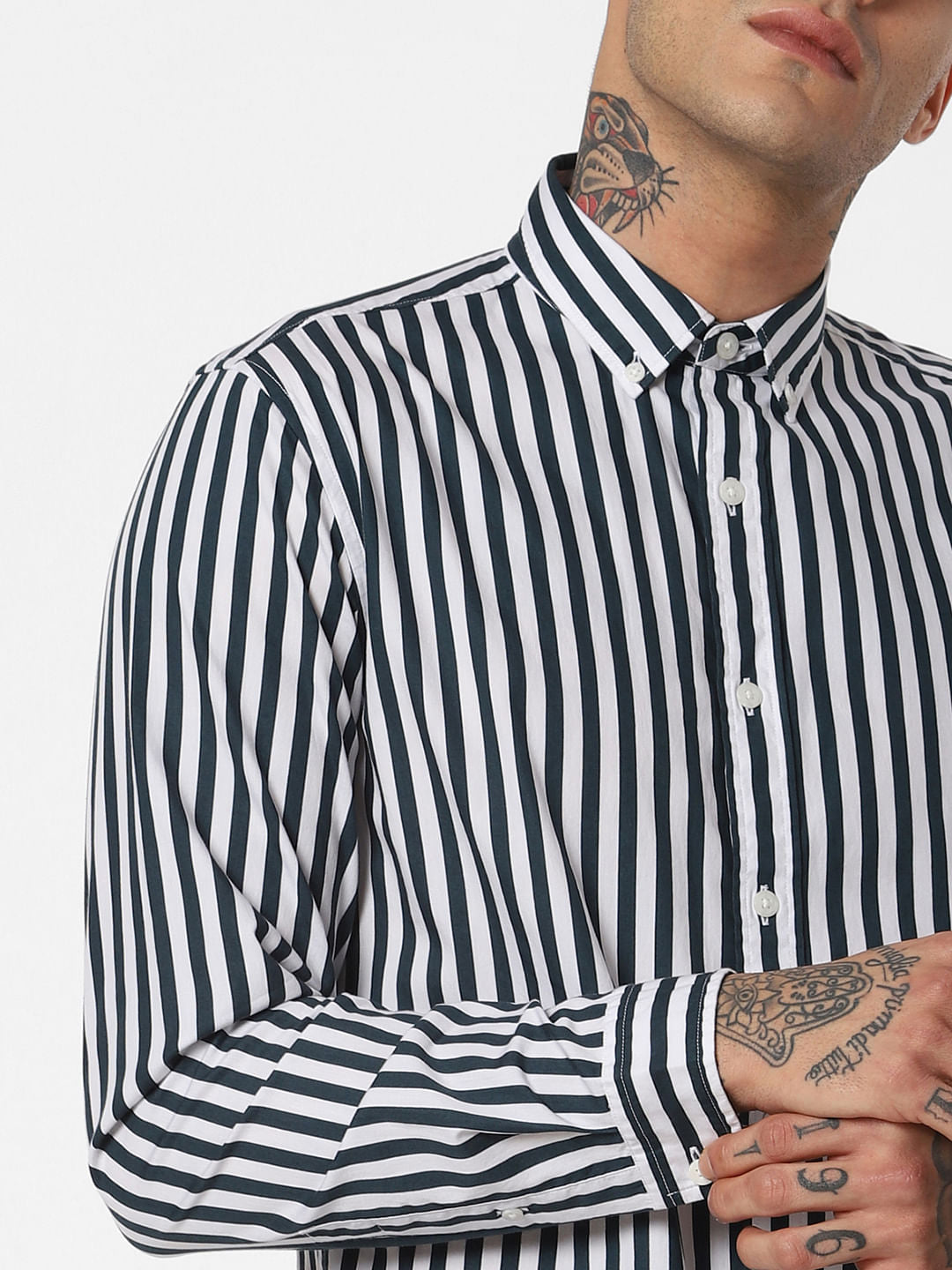 Dark Green Striped Full Sleeves Shirt