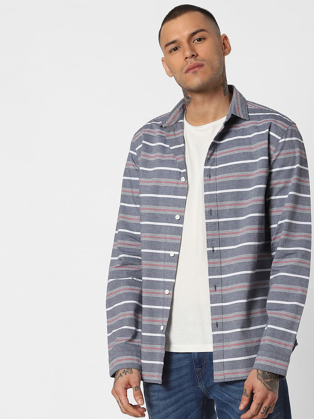 Grey Striped Full Sleeves Shirt - S