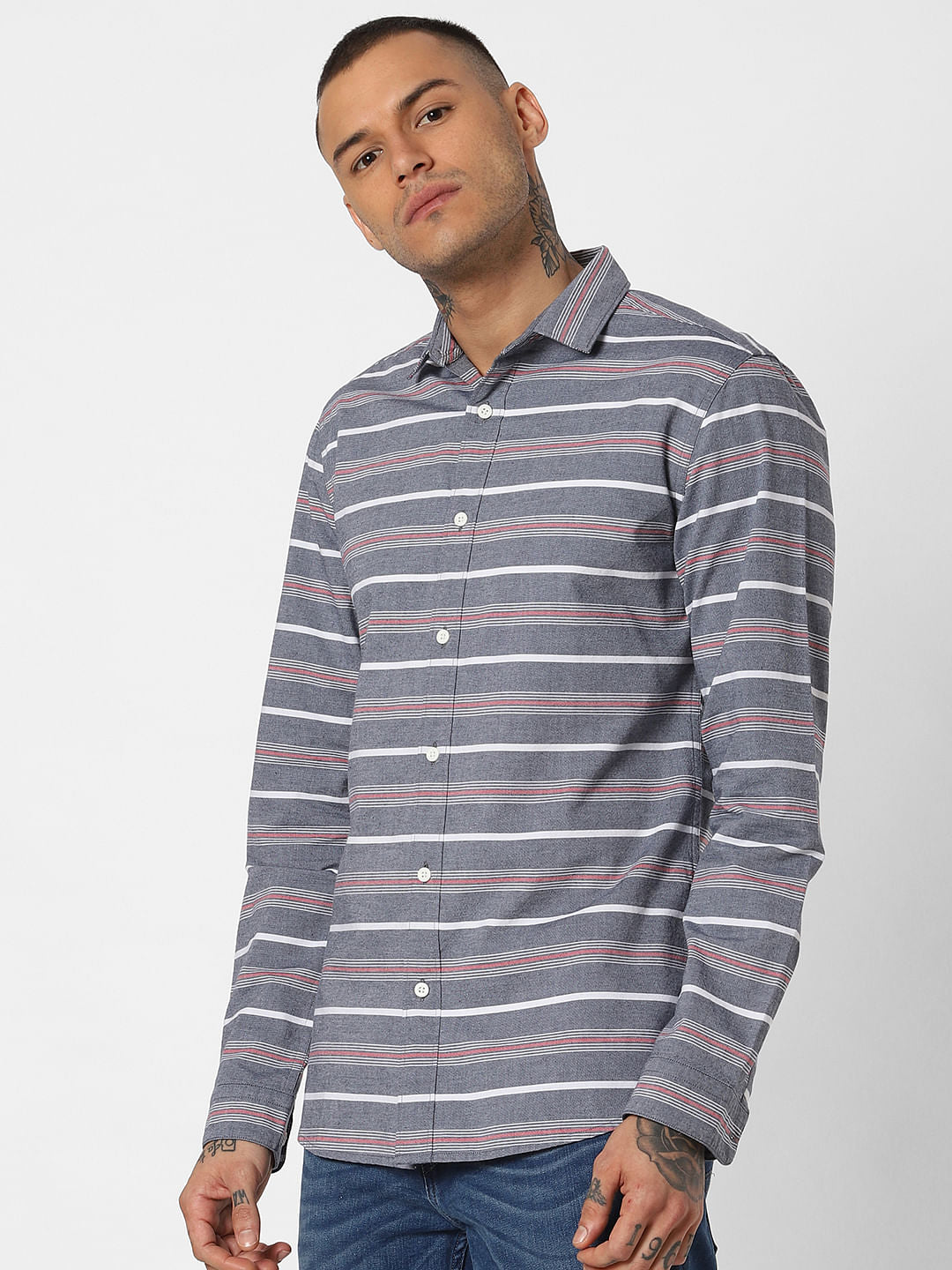Grey Striped Full Sleeves Shirt