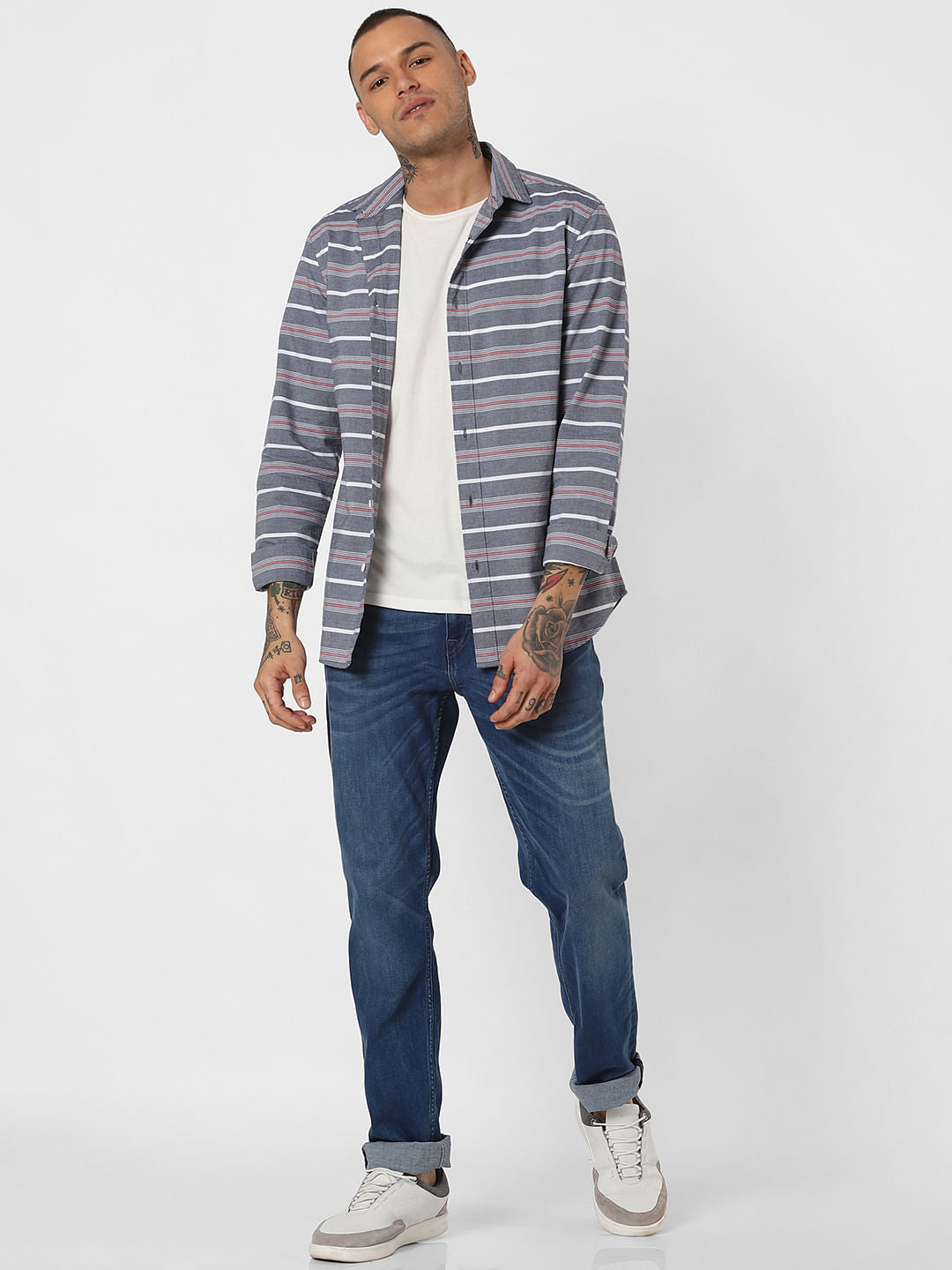 Grey Striped Full Sleeves Shirt