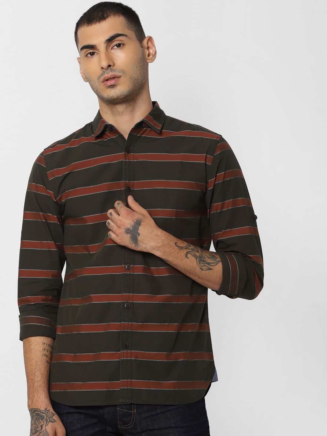Dark Green Striped Full Sleeves Shirt