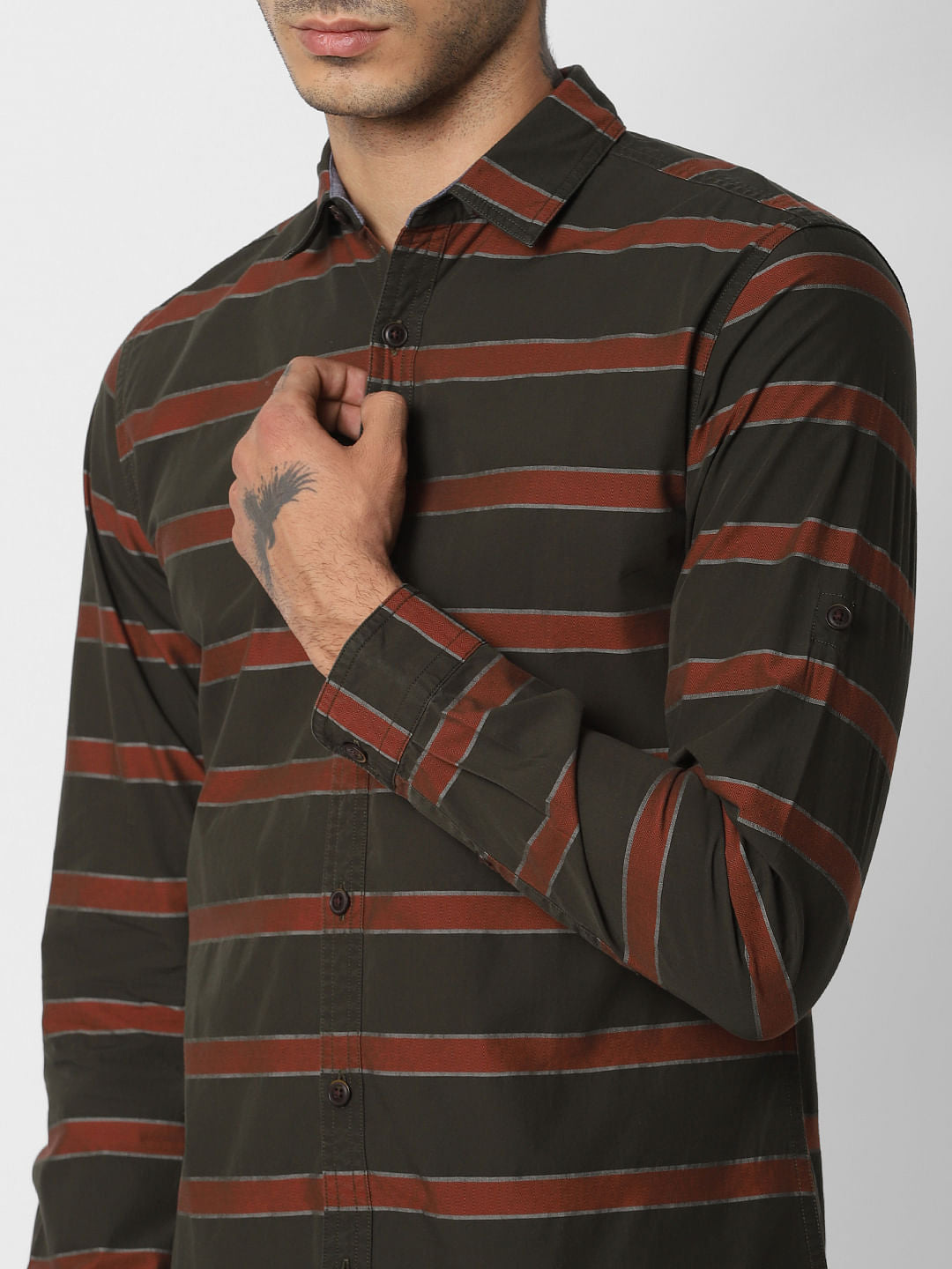 Dark Green Striped Full Sleeves Shirt
