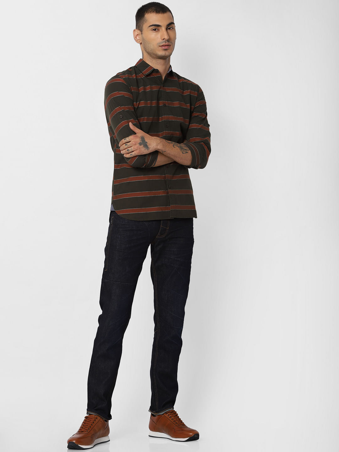 Dark Green Striped Full Sleeves Shirt