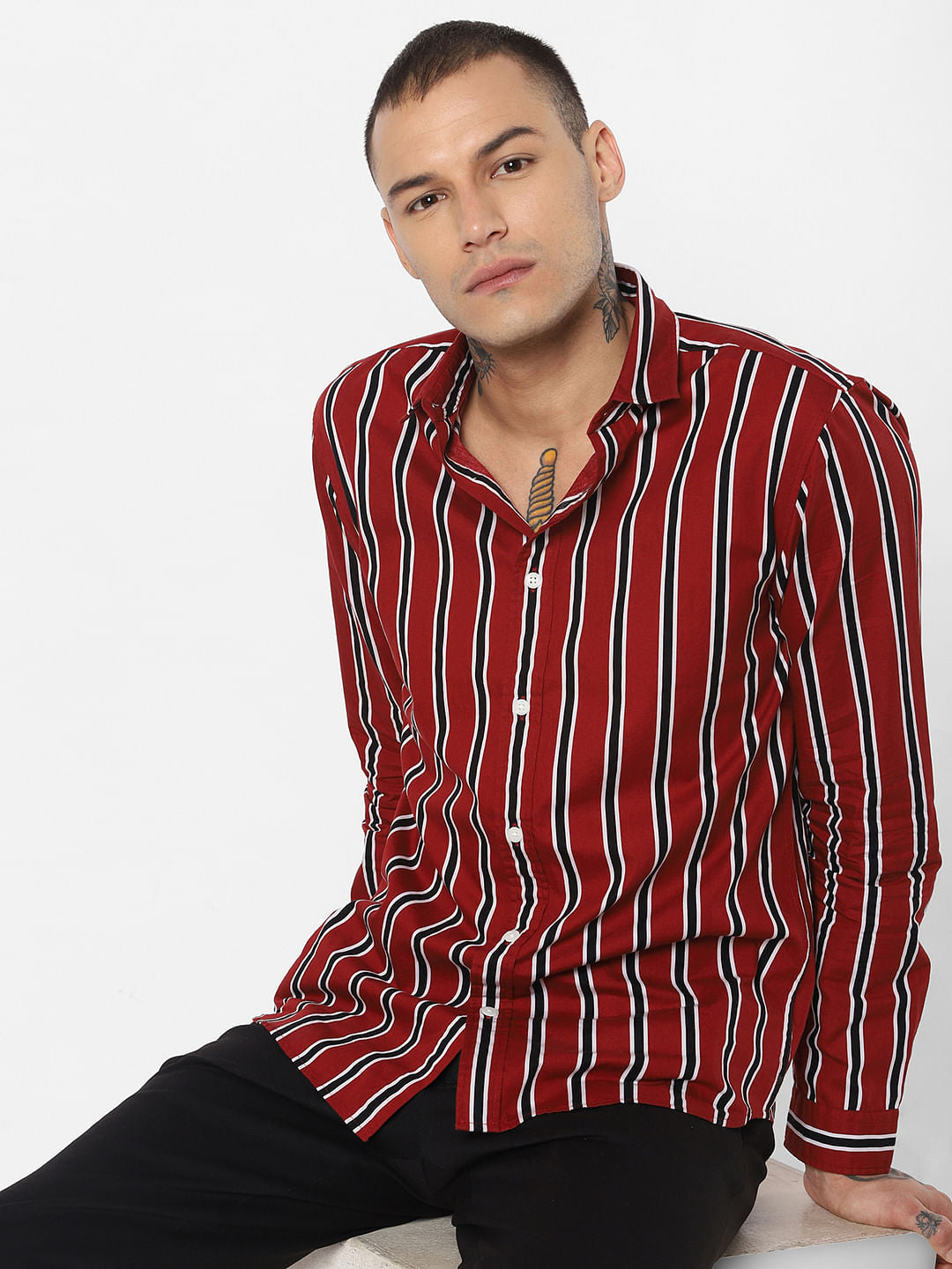 Red Striped Full Sleeves Shirt - S