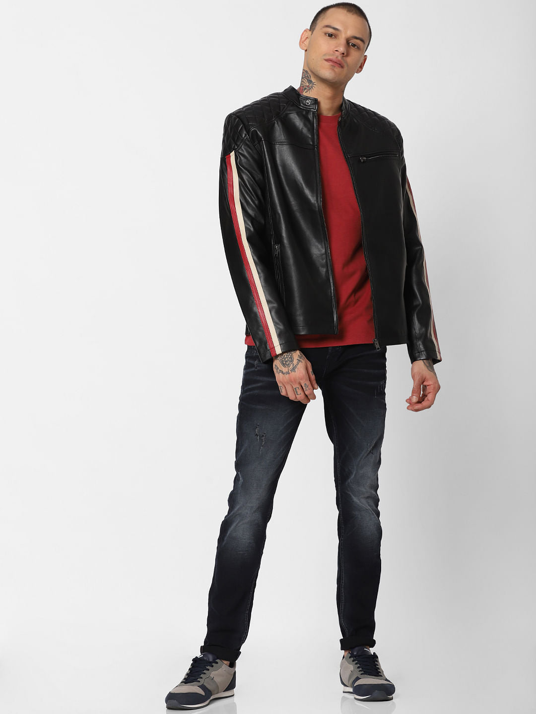 Black Tape Detail Biker Jacket - S