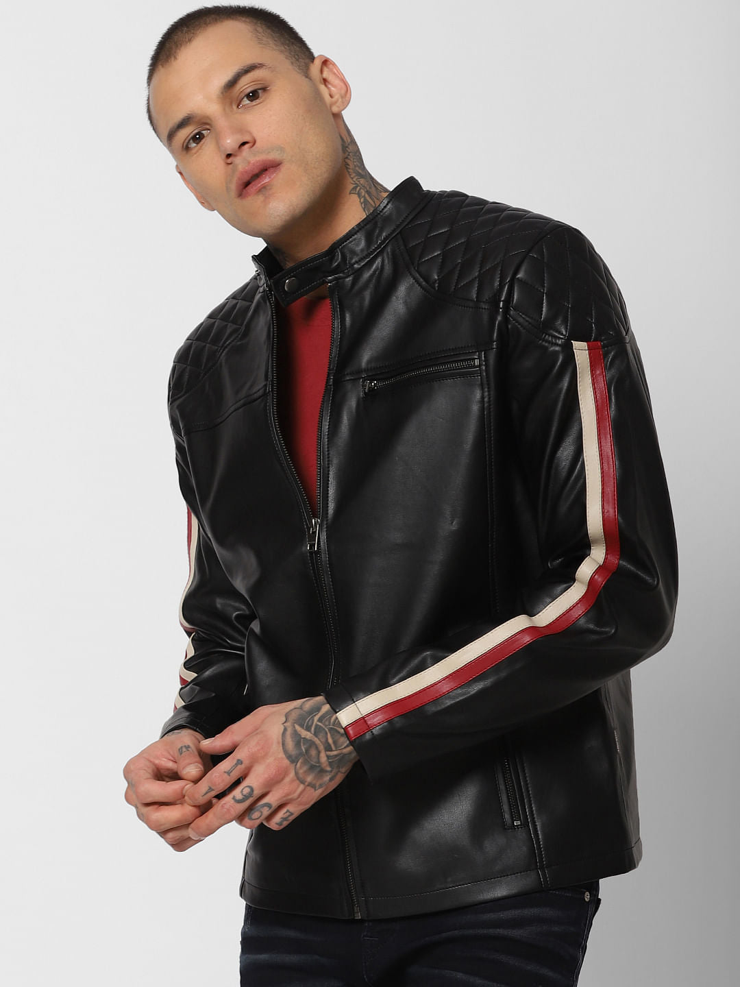 Black Tape Detail Biker Jacket