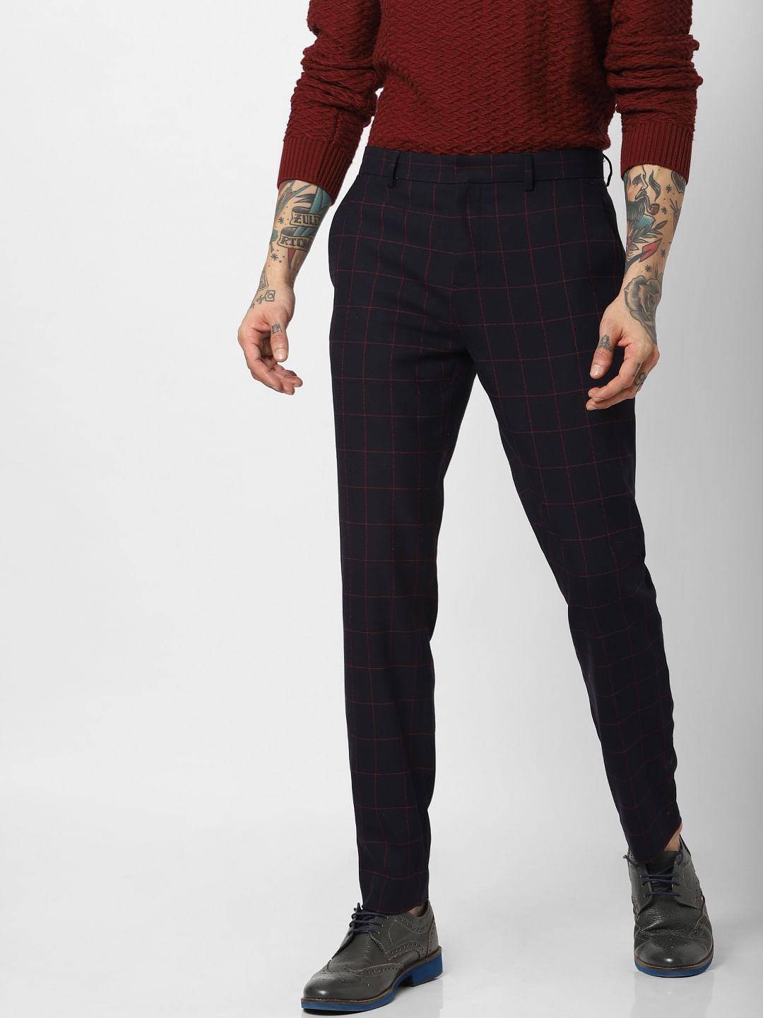 Navy Blue Check Slim Fit Trousers - 46