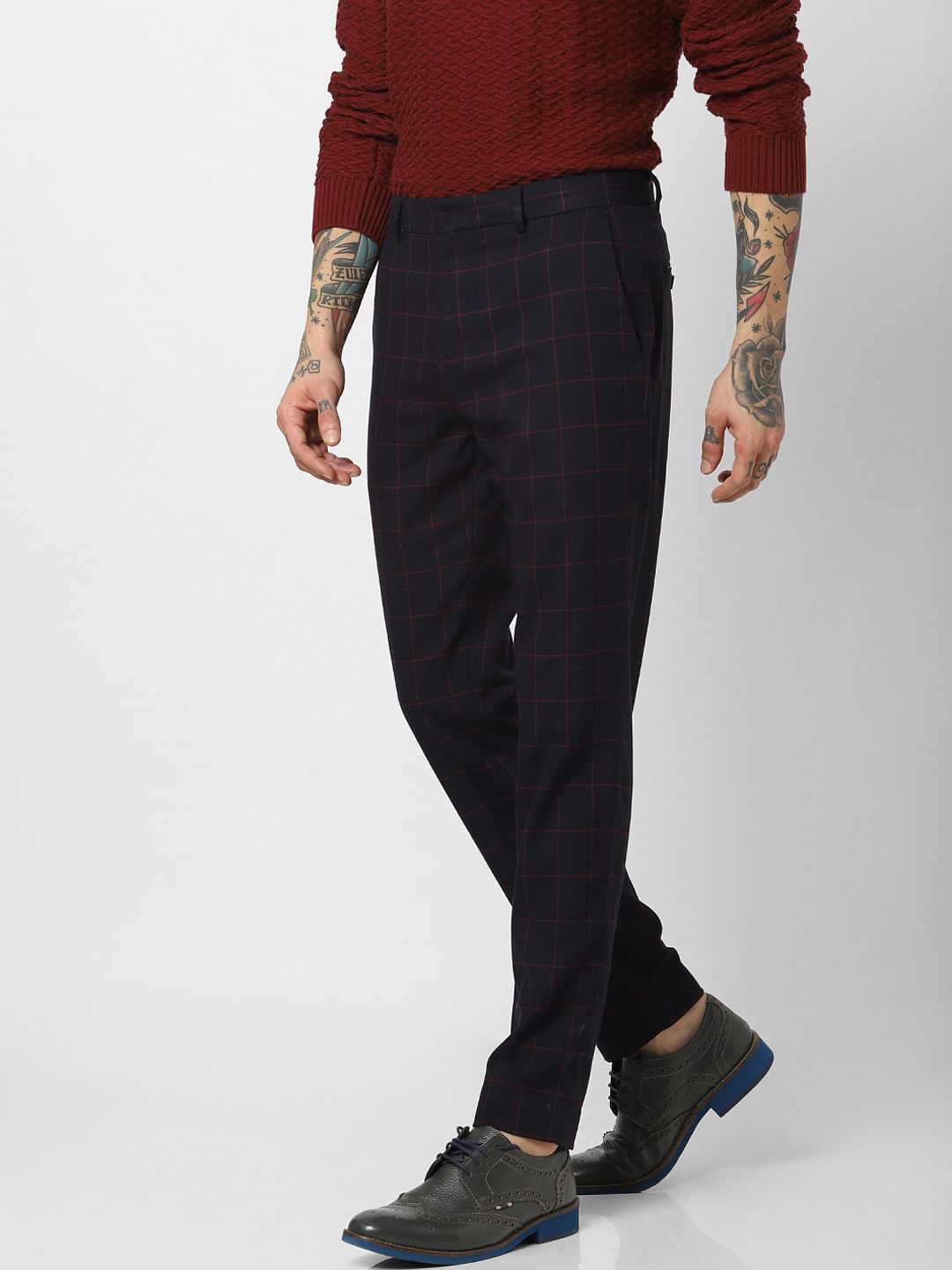 Navy Blue Check Slim Fit Trousers