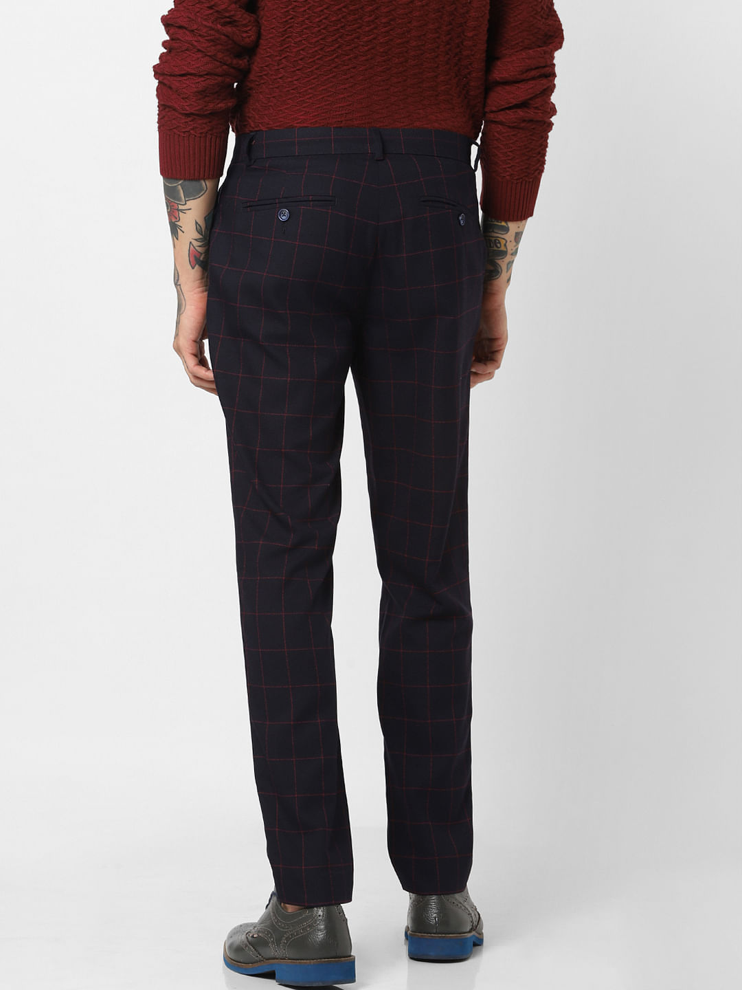 Navy Blue Check Slim Fit Trousers