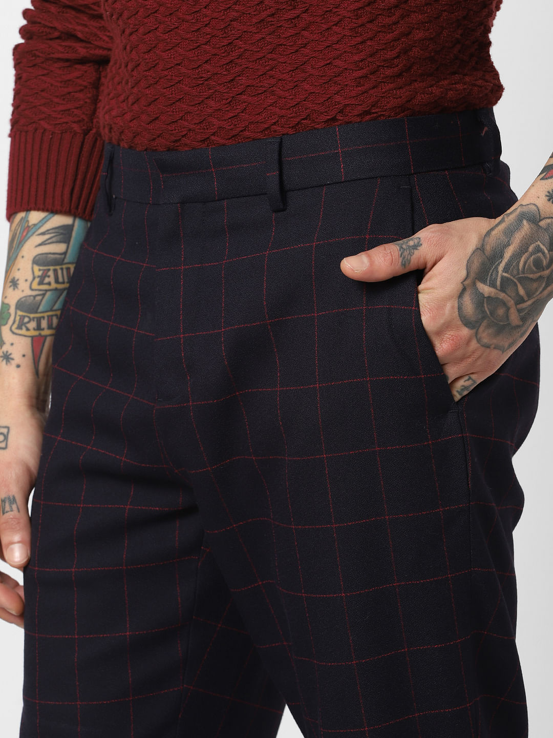 Navy Blue Check Slim Fit Trousers