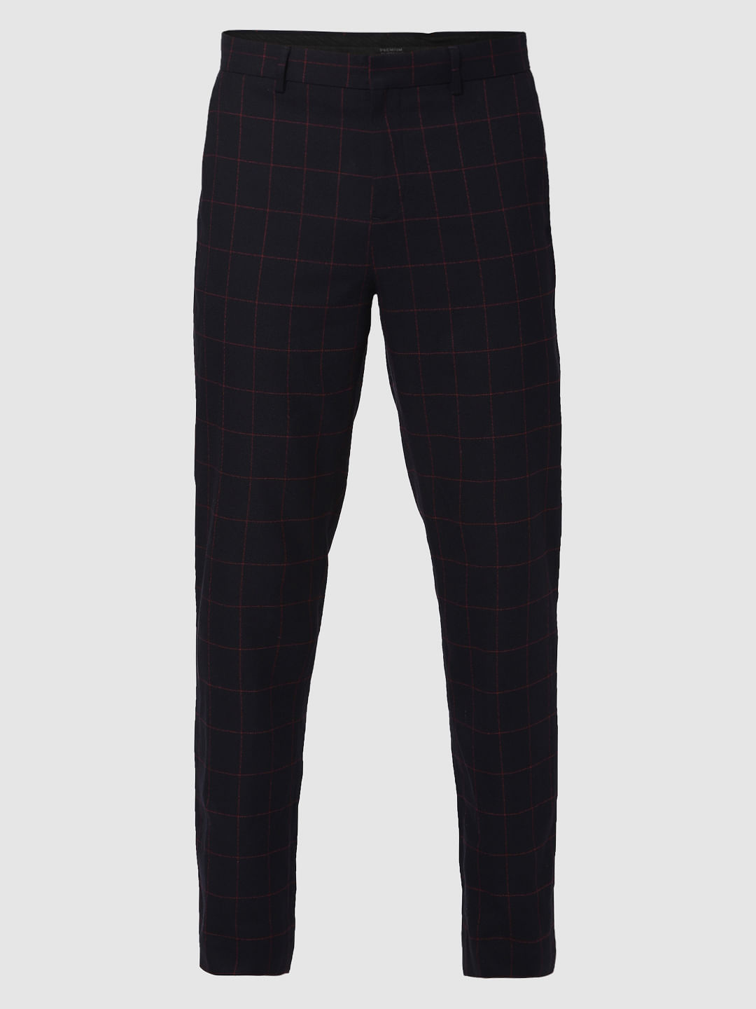 Navy Blue Check Slim Fit Trousers