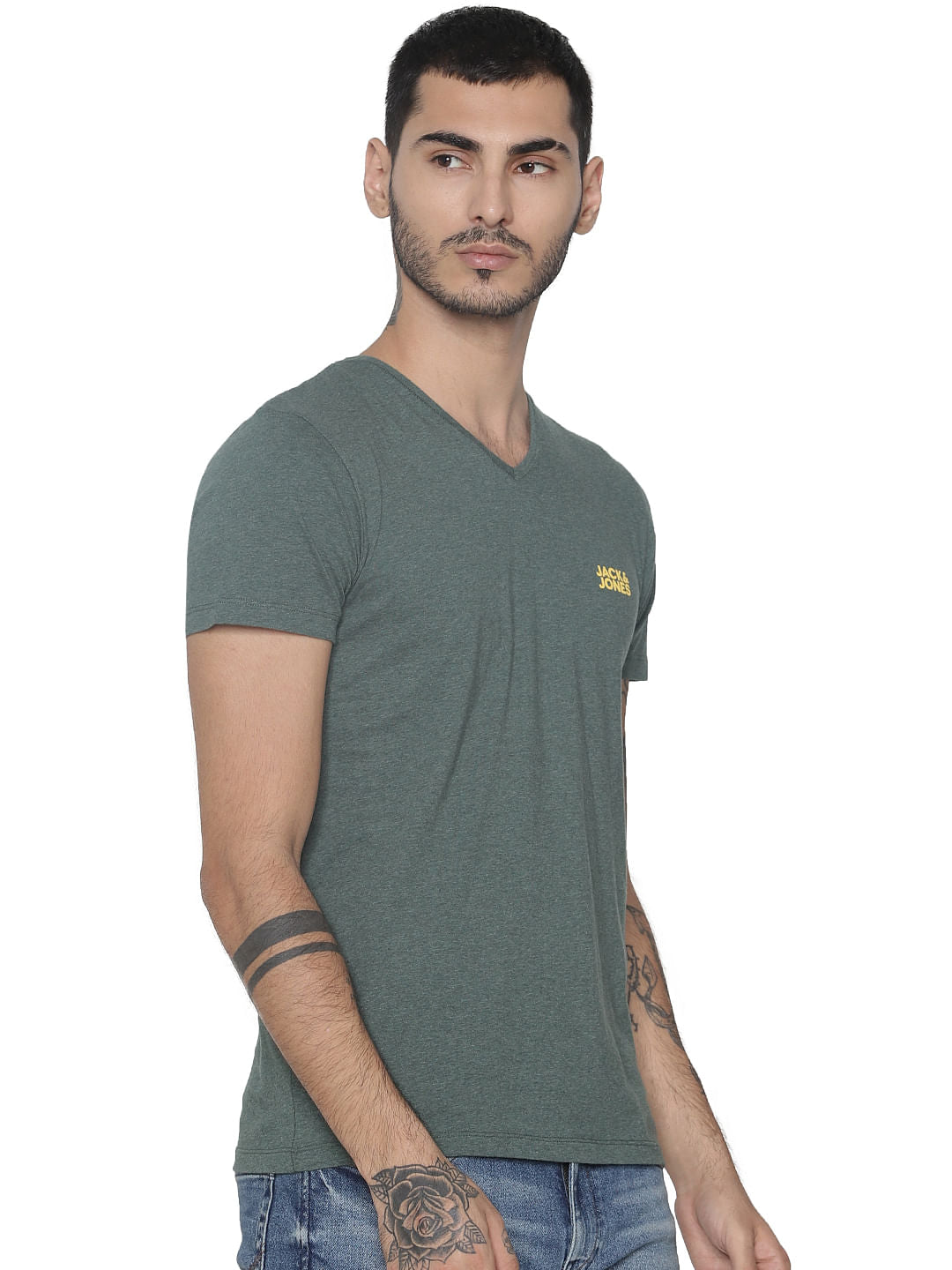 Green Logo Print V Neck T-shirt - S
