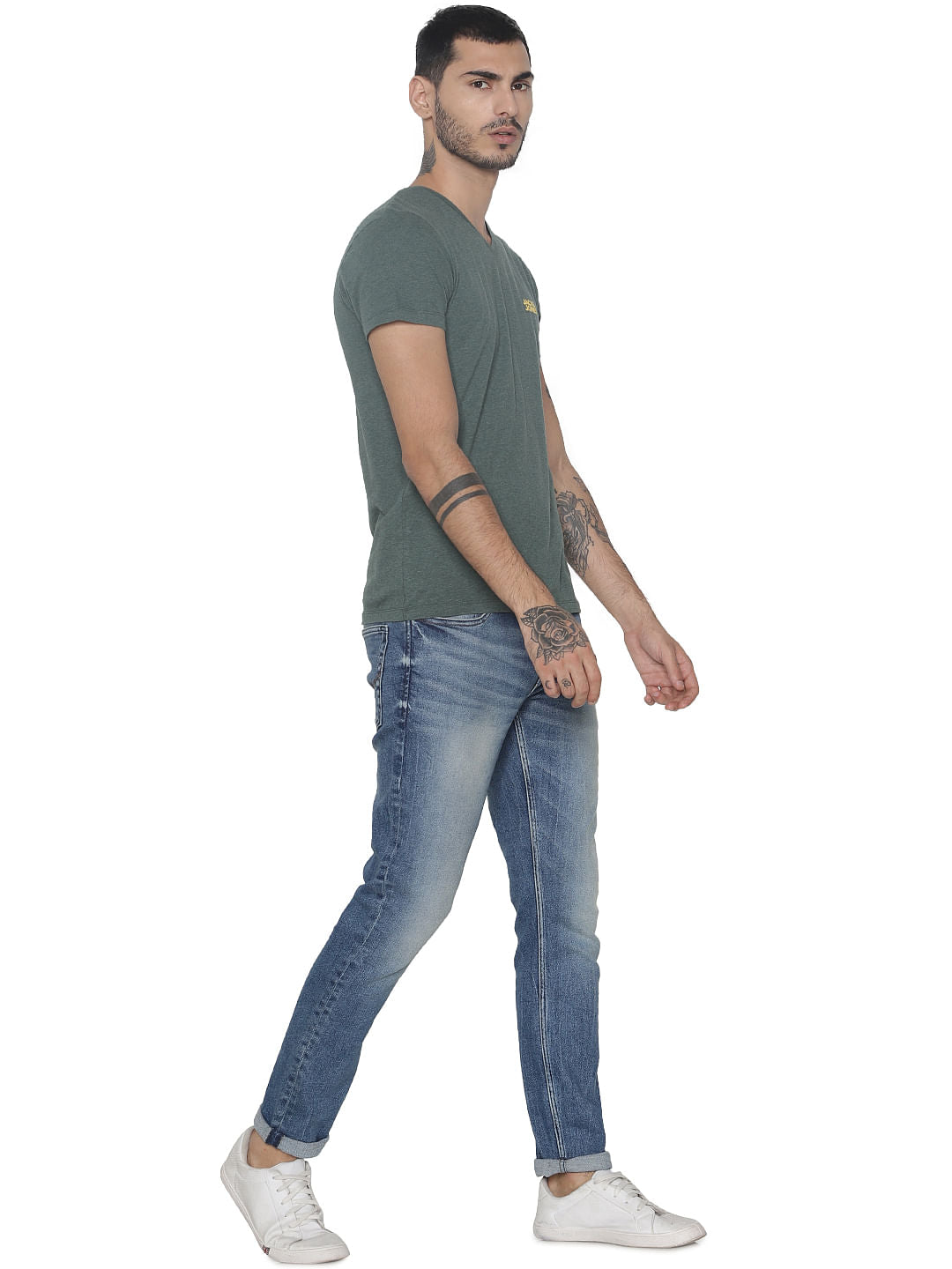 Green Logo Print V Neck T-shirt