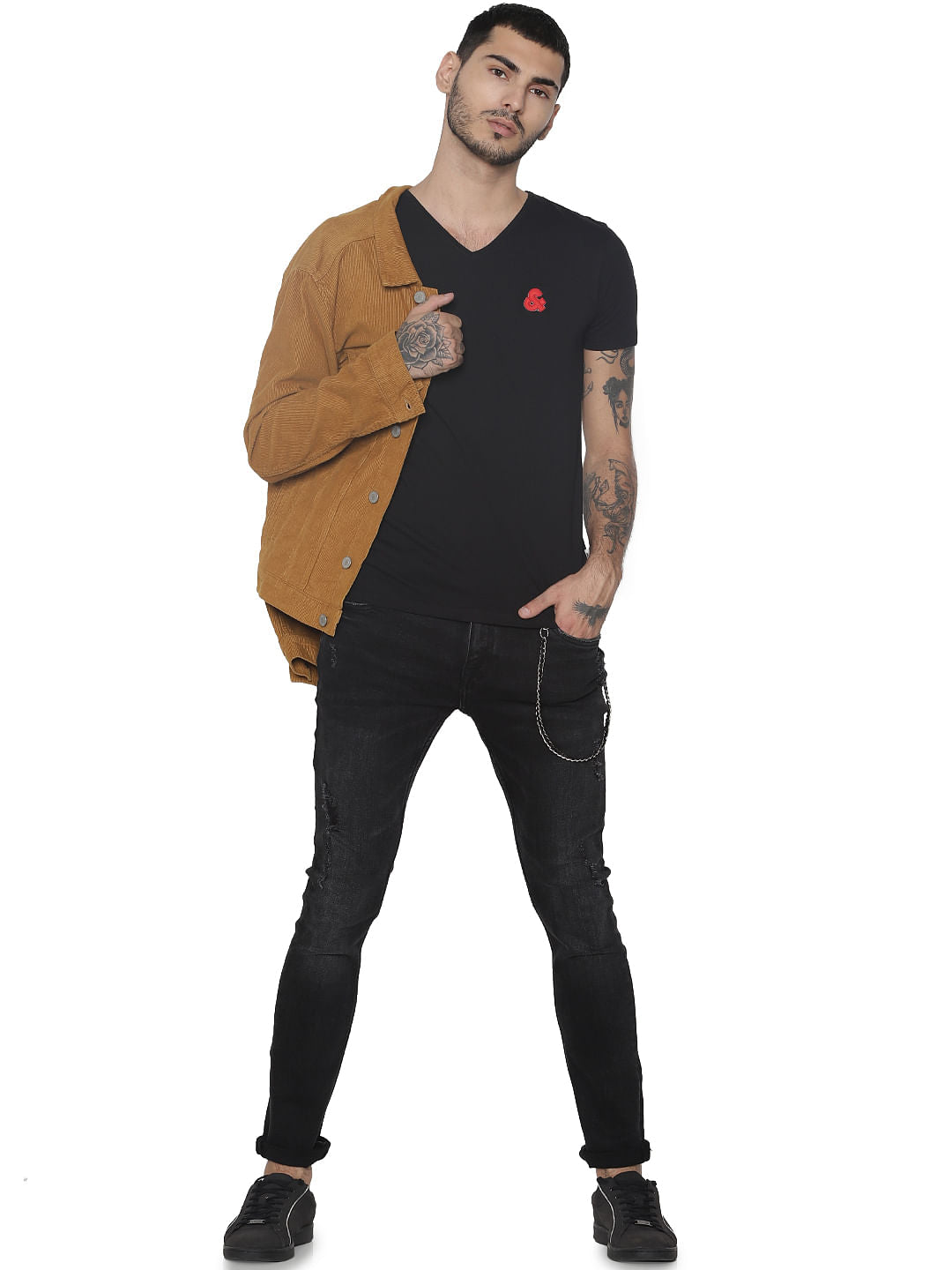 Black Logo Print V Neck T-shirt - S
