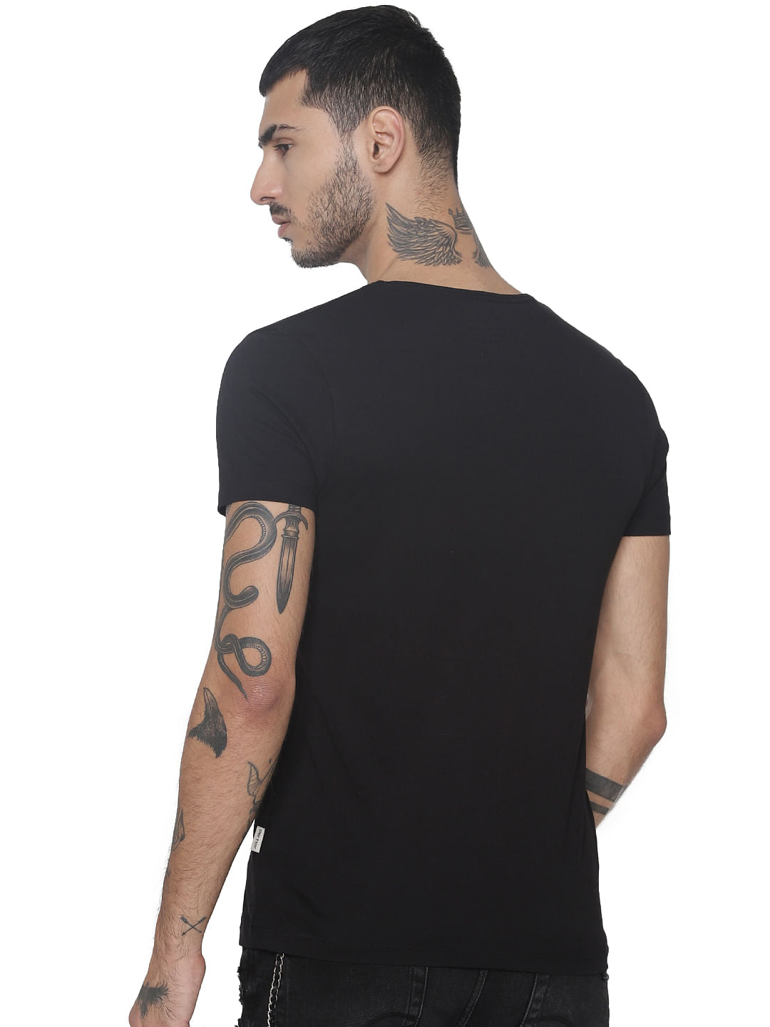 Black Logo Print V Neck T-shirt
