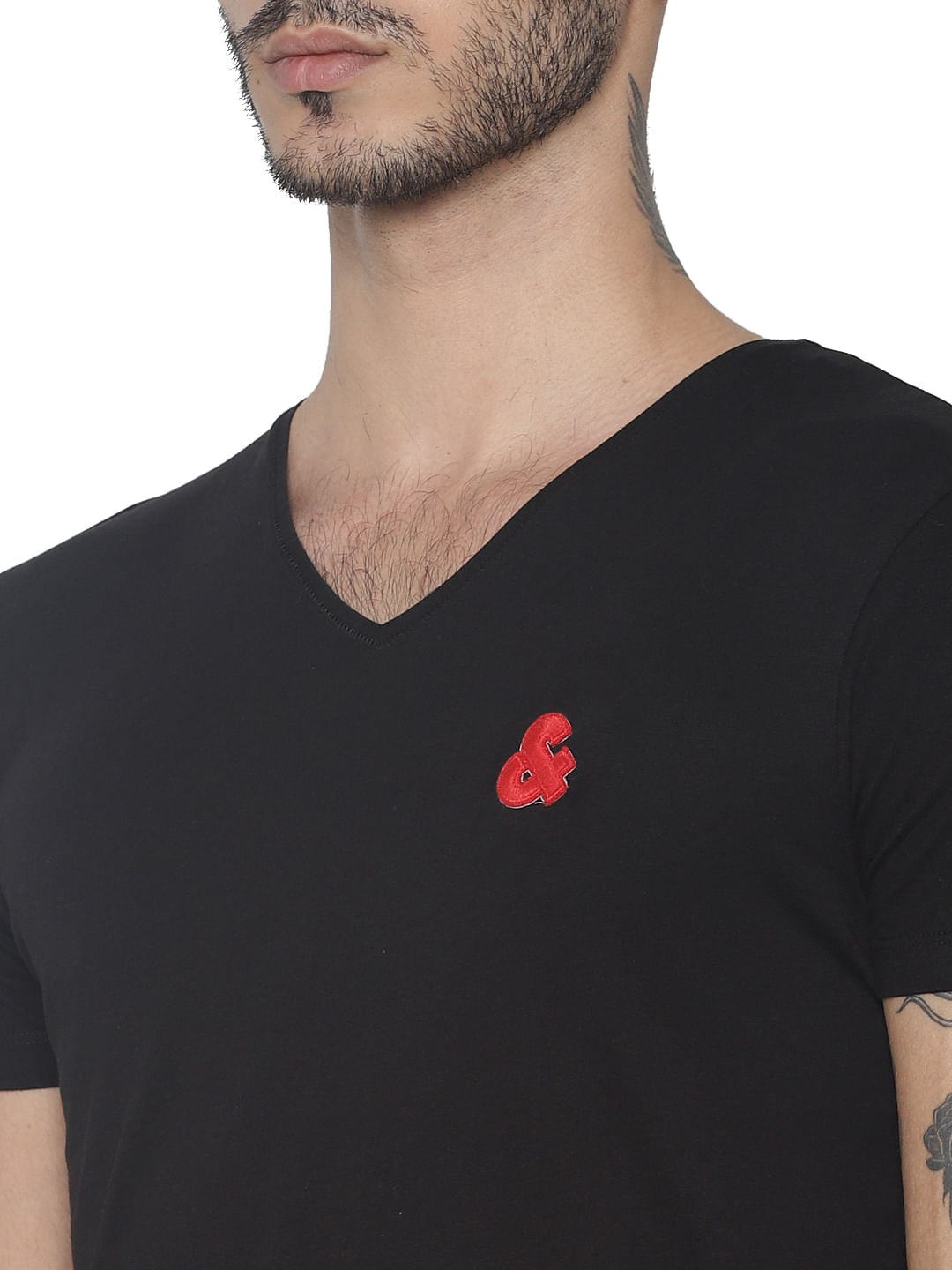 Black Logo Print V Neck T-shirt