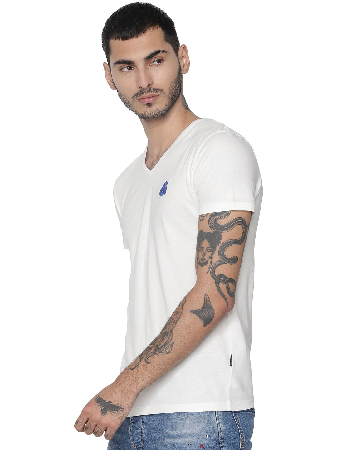 White Logo Print V Neck T-shirt