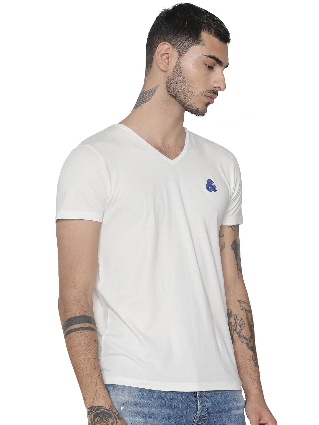 White Logo Print V Neck T-shirt