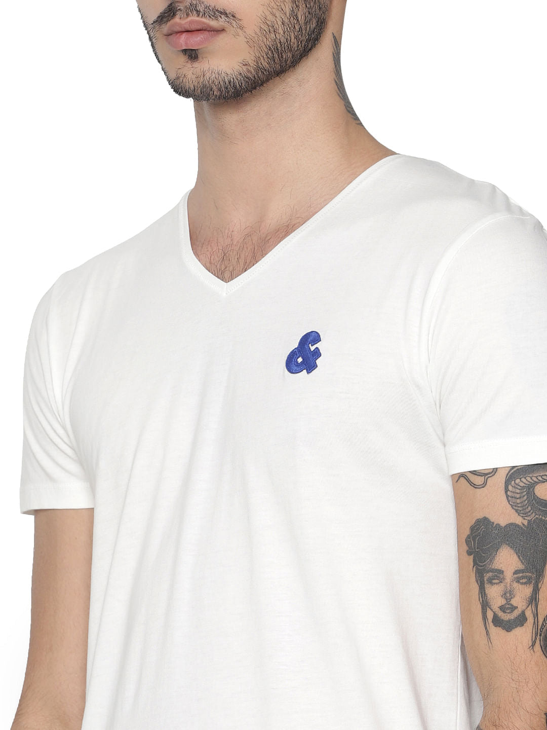 White Logo Print V Neck T-shirt