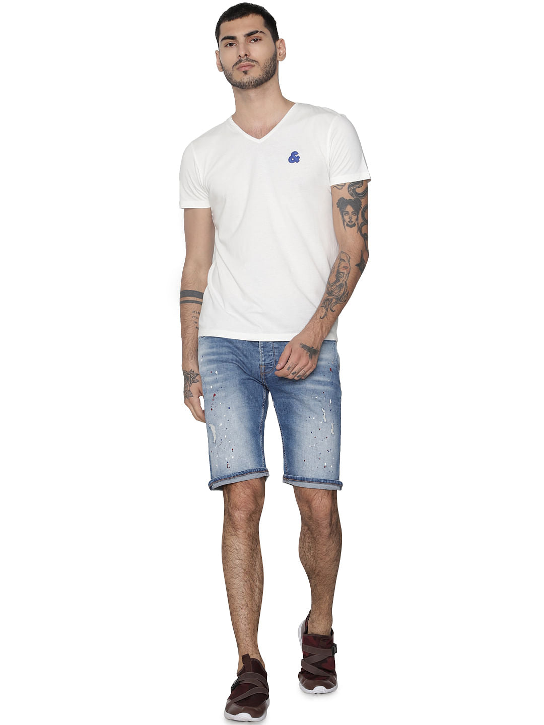 White Logo Print V Neck T-shirt