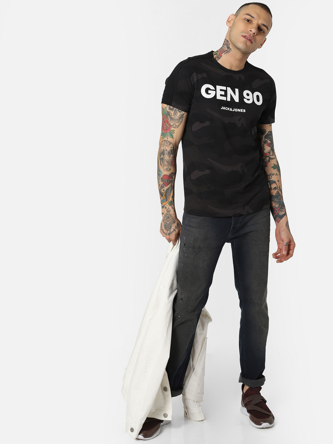 Black Camo Print Crew Neck T-Shirt - S