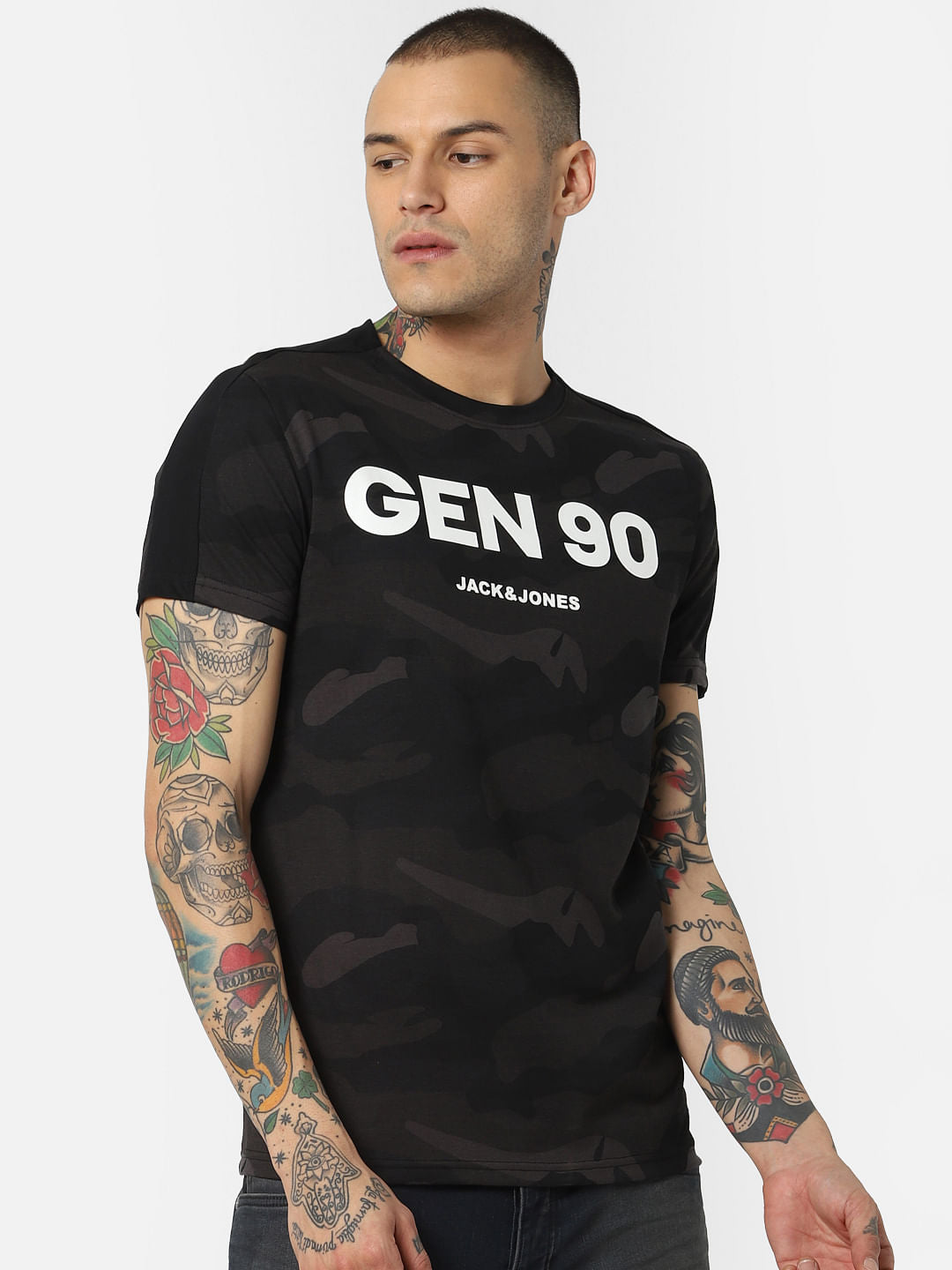 Black Camo Print Crew Neck T-Shirt
