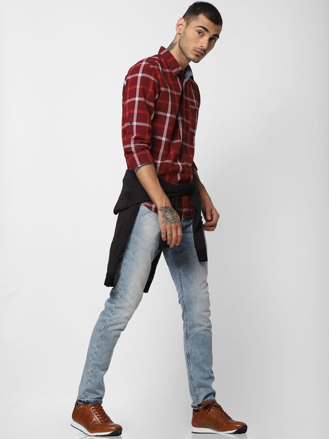 Dark Red Check Full Sleeves Shirt - S