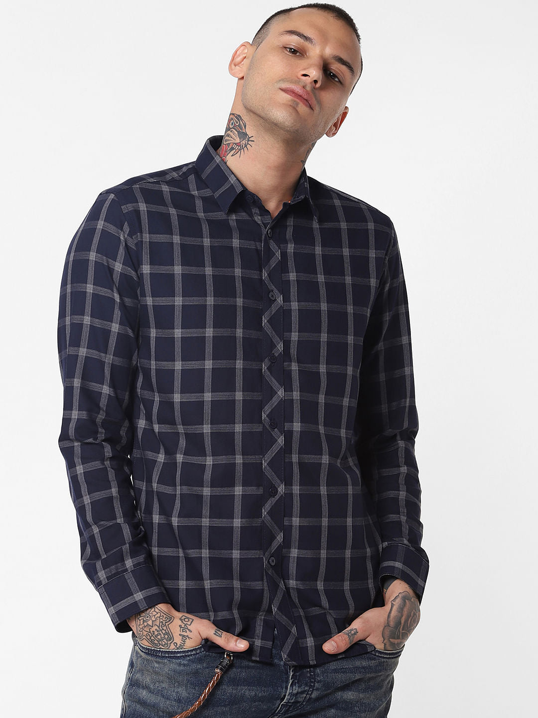 Dark Blue Check Full Sleeves Shirt