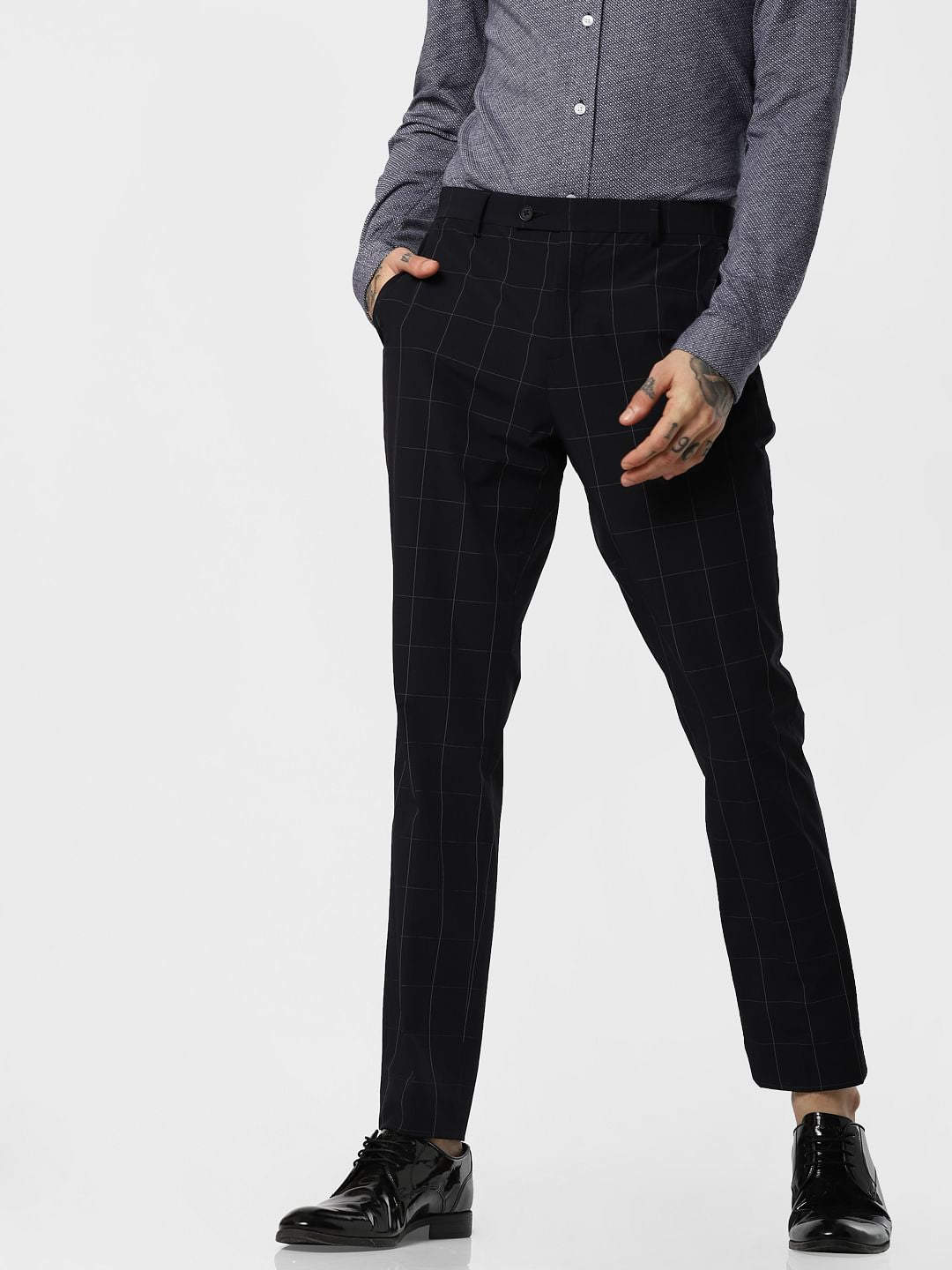 Navy Blue Check Formal Trousers - 46