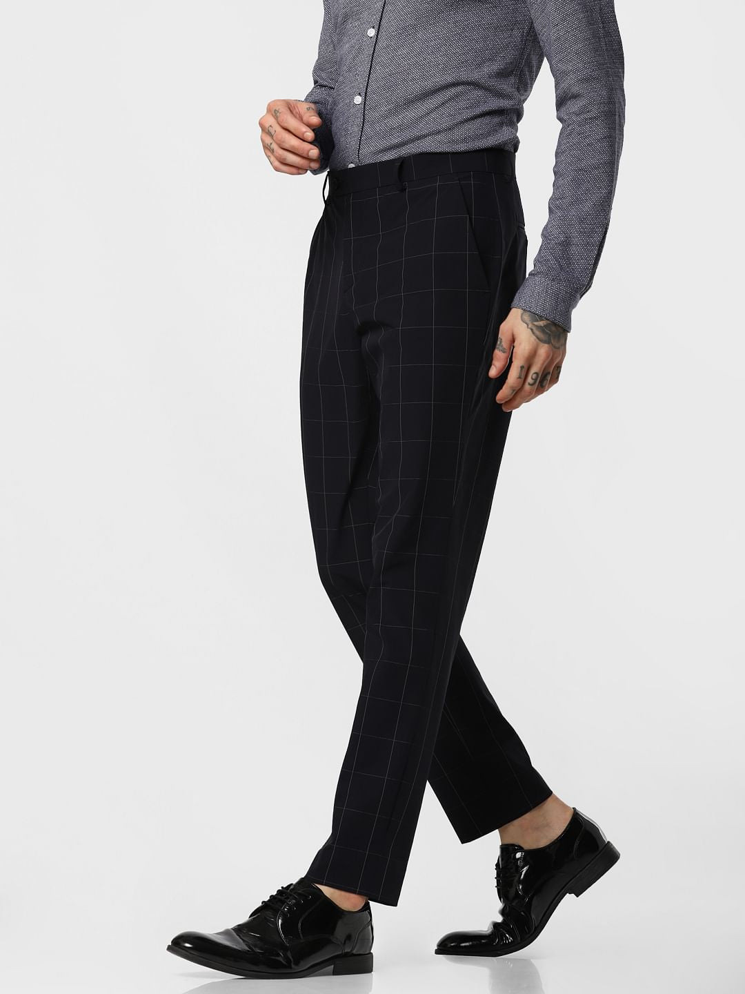 Navy Blue Check Formal Trousers