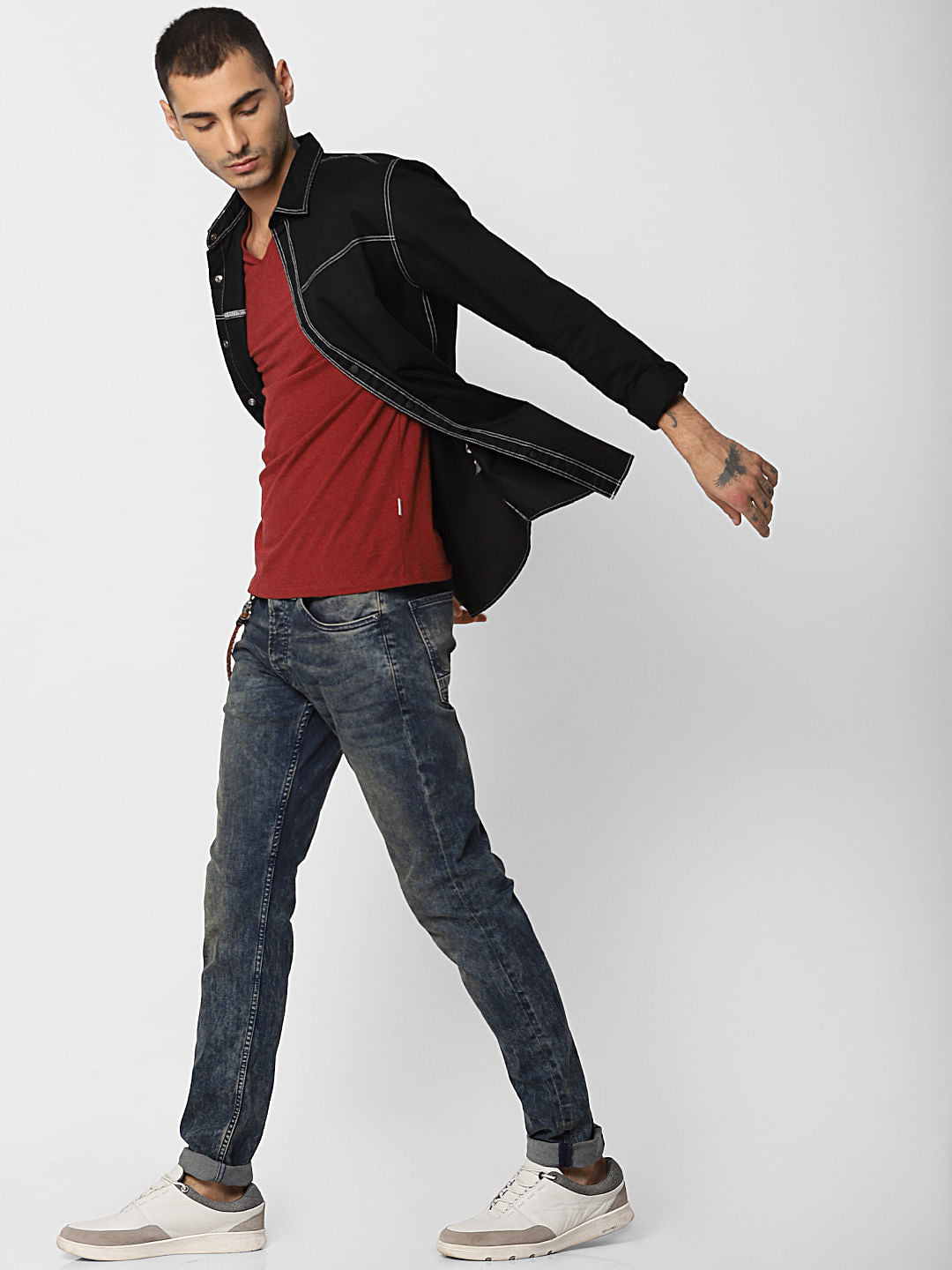 Black Contrast Stitching Full Sleeves Shirt - S