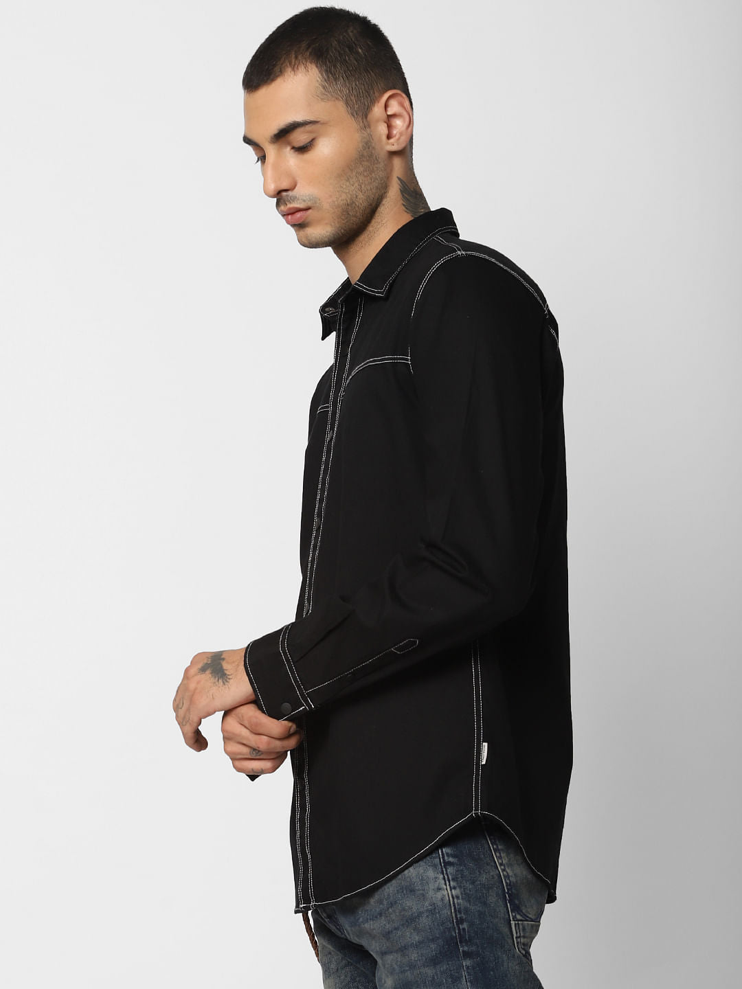 Black Contrast Stitching Full Sleeves Shirt