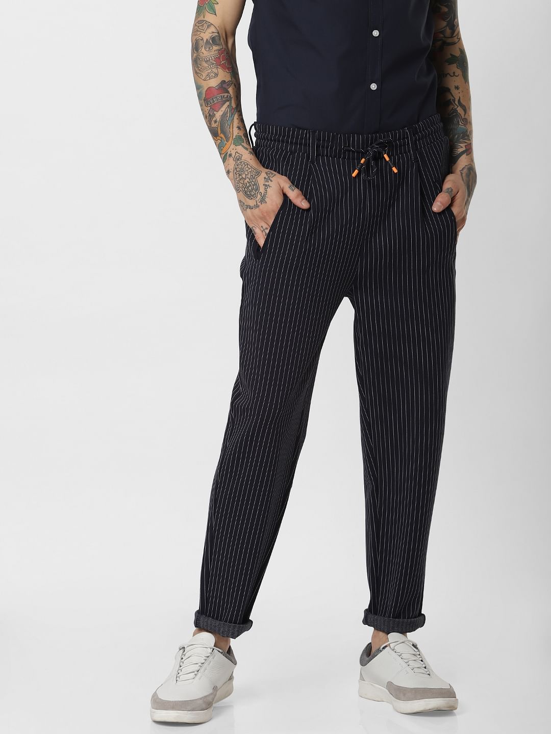 Navy Blue Striped Drawstring Pants