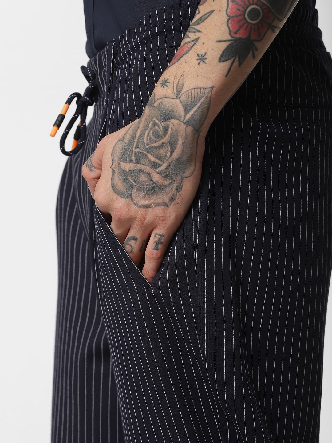 Navy Blue Striped Drawstring Pants