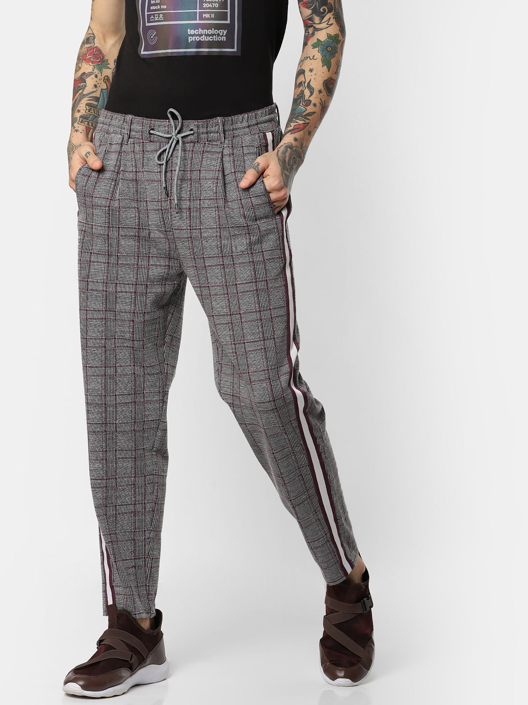 Burgundy Check Drawstring Pants
