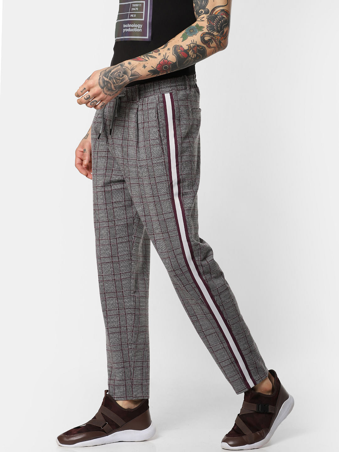 Burgundy Check Drawstring Pants