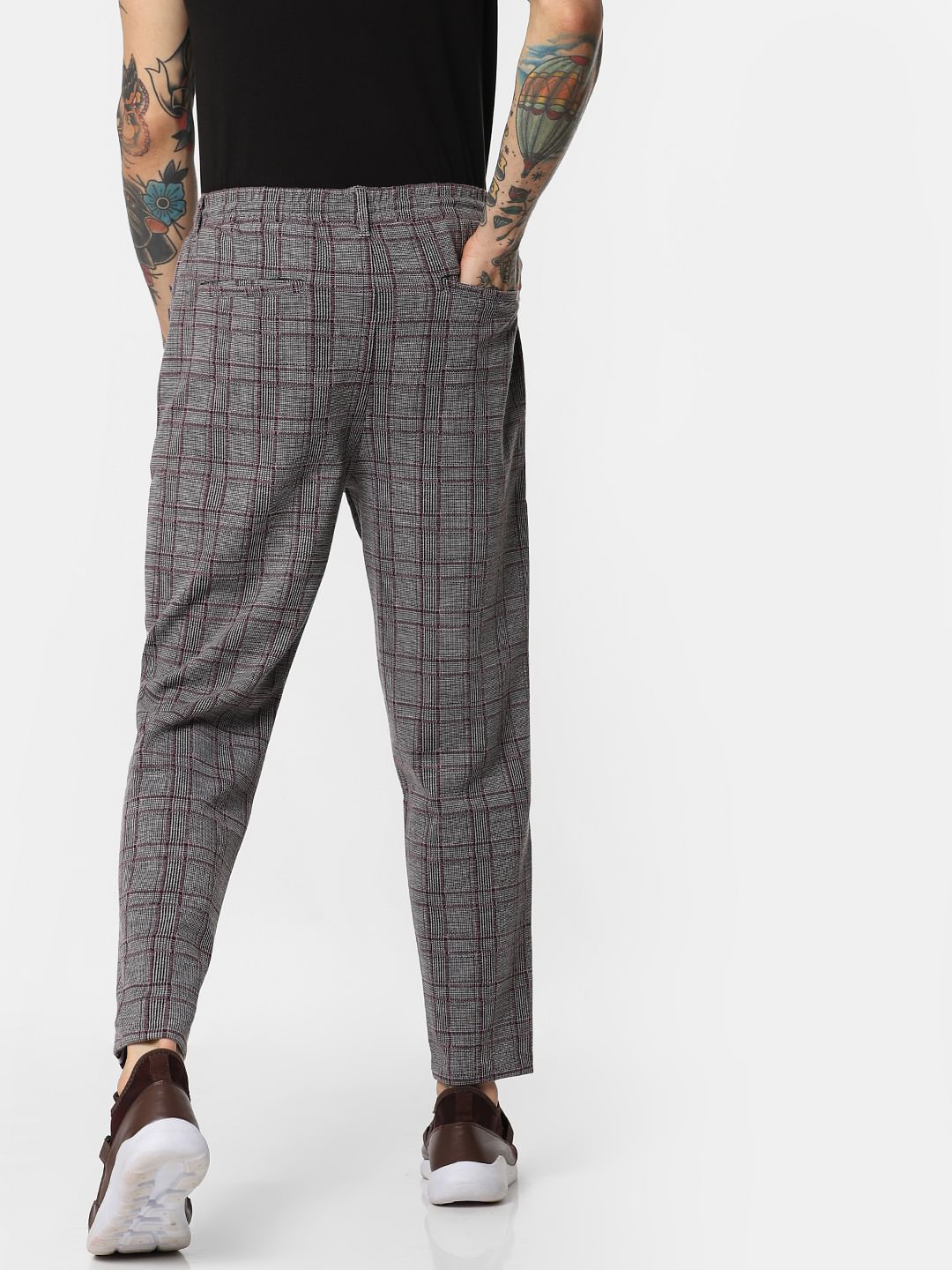 Burgundy Check Drawstring Pants
