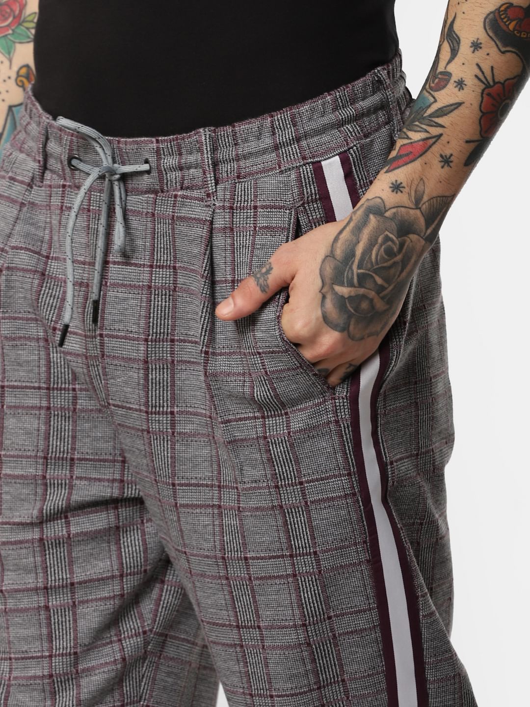 Burgundy Check Drawstring Pants