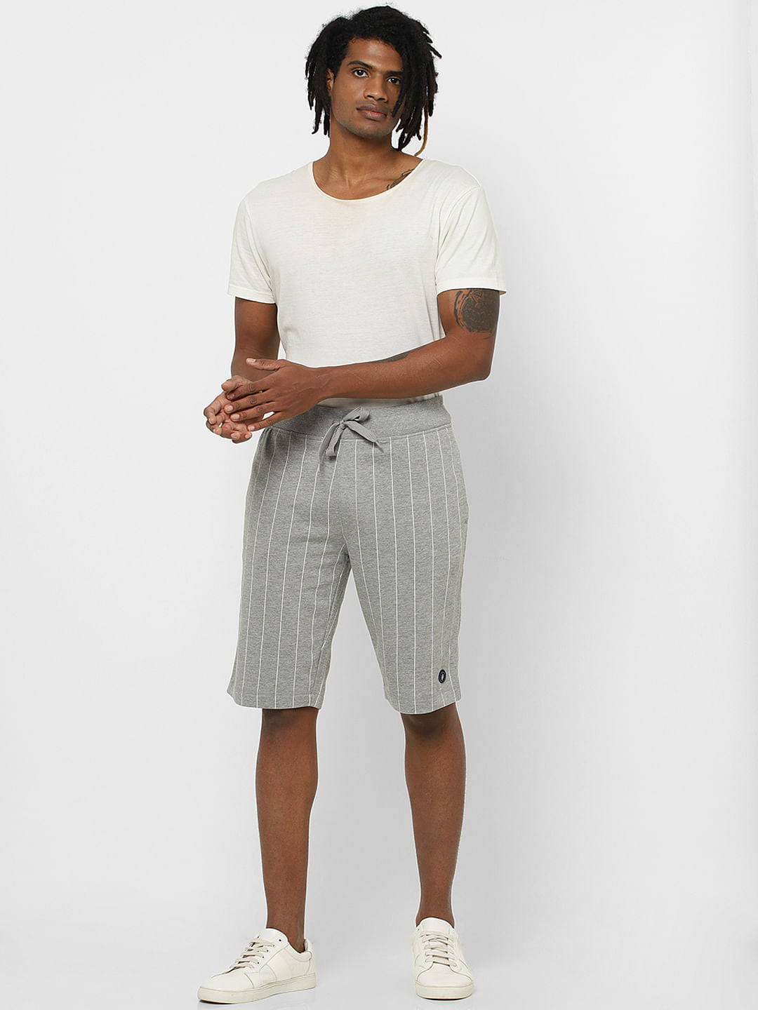 Grey Mid Rise Striped Sweatshorts