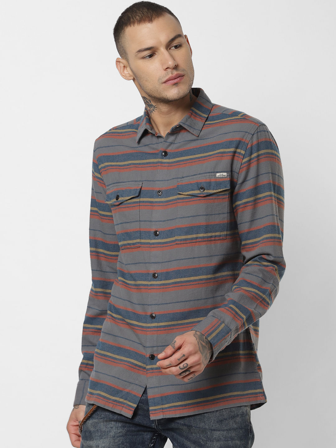 Grey Striped Full Sleeves Shirt - S