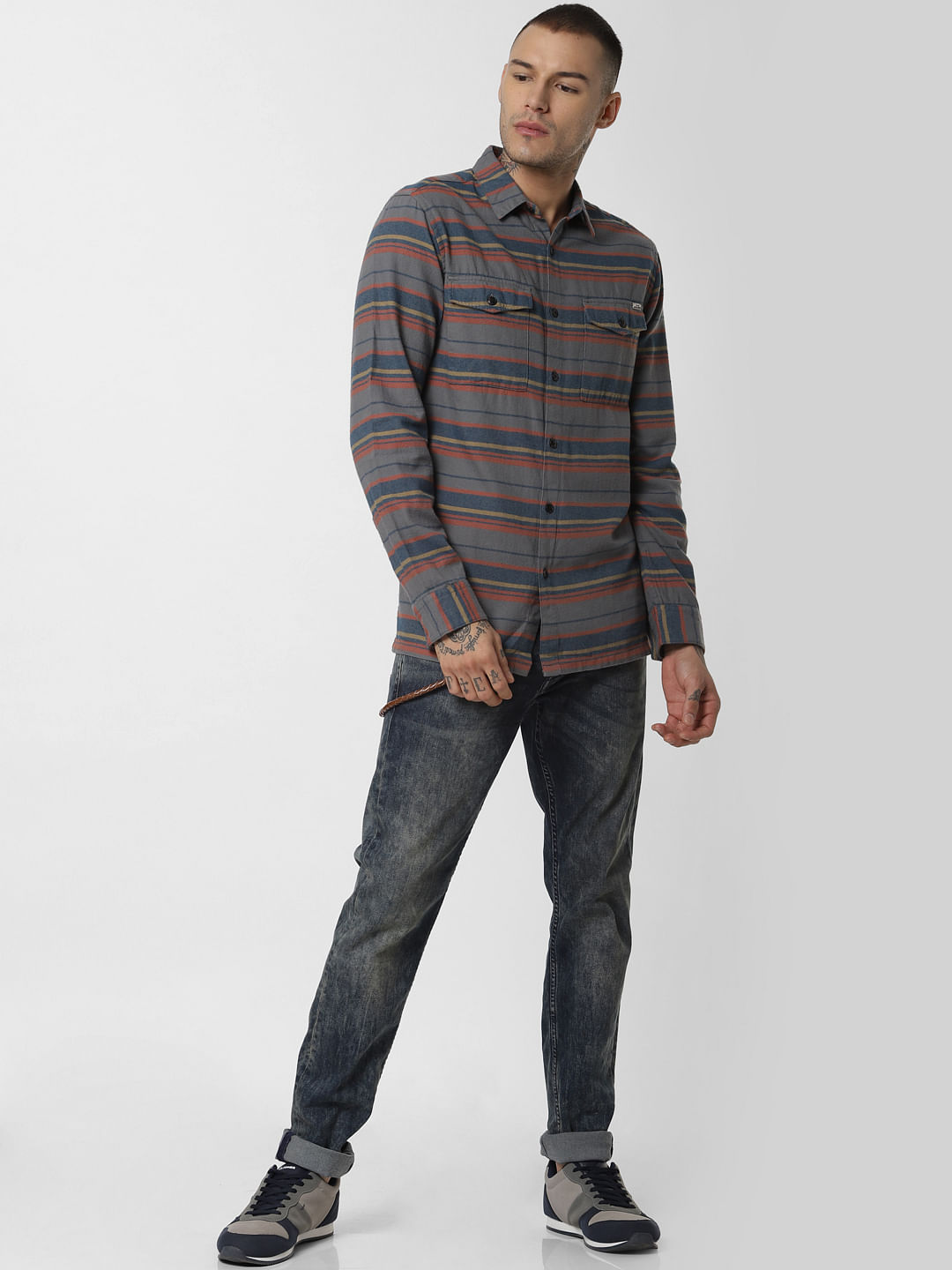 Grey Striped Full Sleeves Shirt