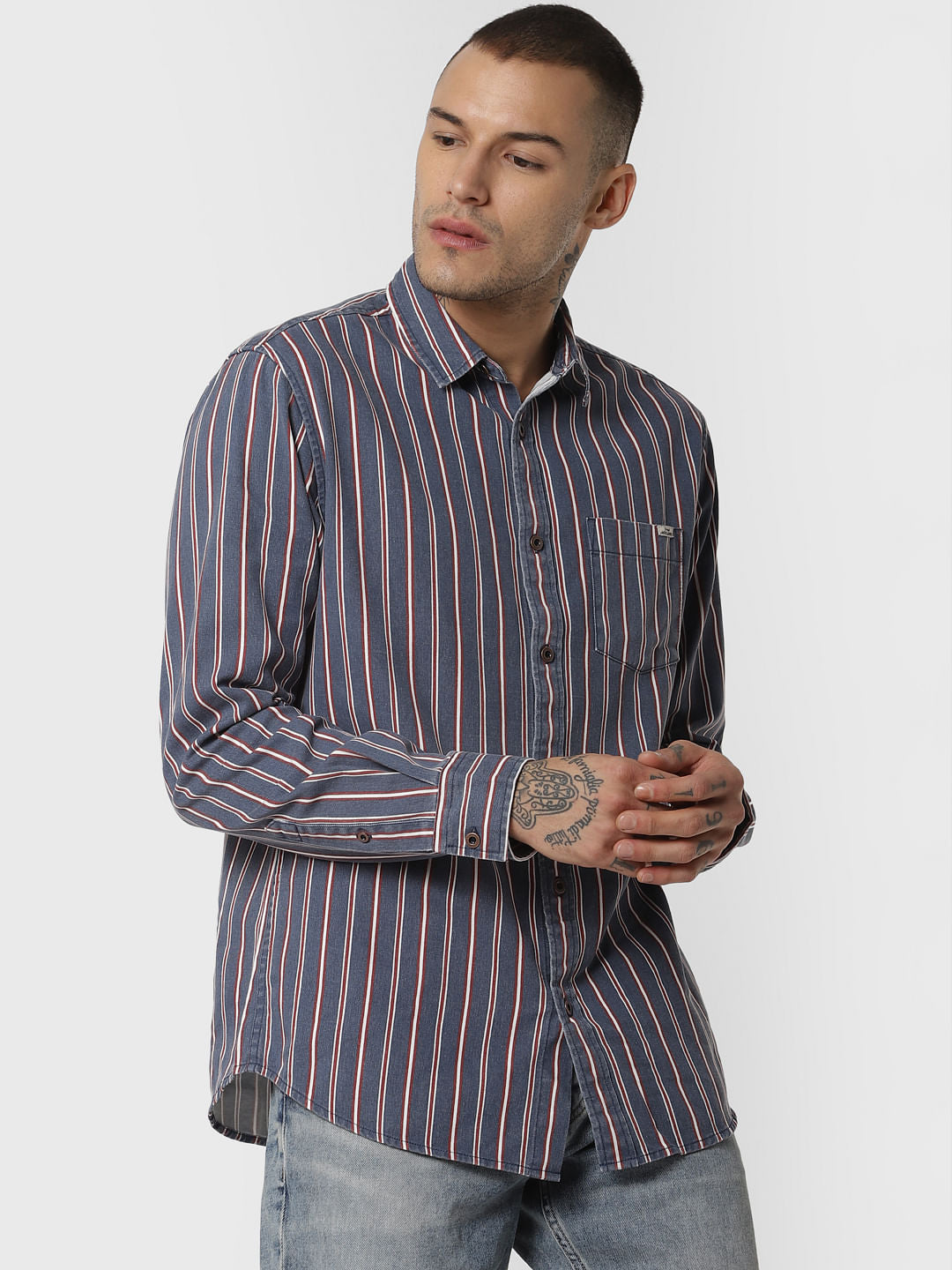 Blue Striped Full Sleeves Shirt - S