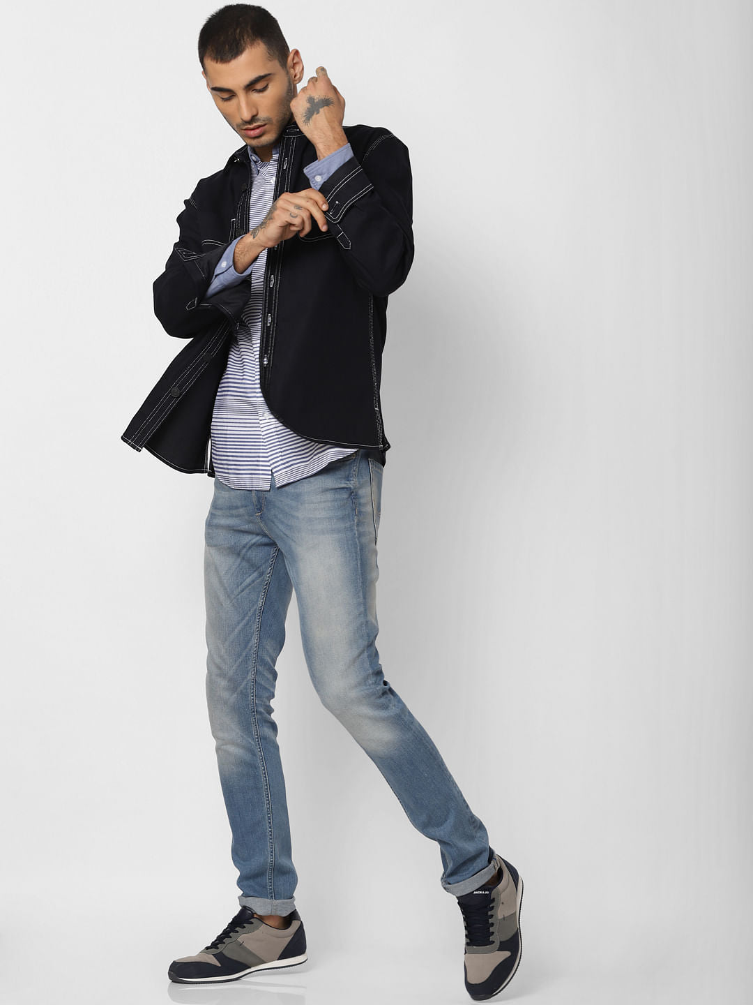 Blue Striped Full Sleeves Shirt - S