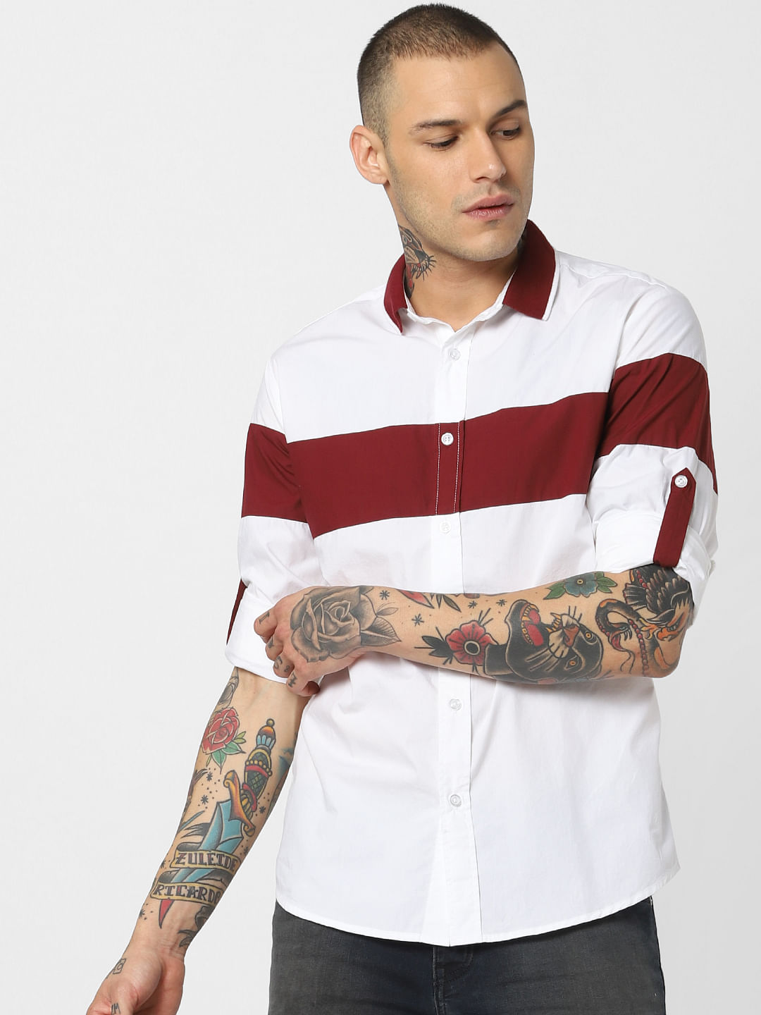 White Colourblocked Full Sleeves Shirt