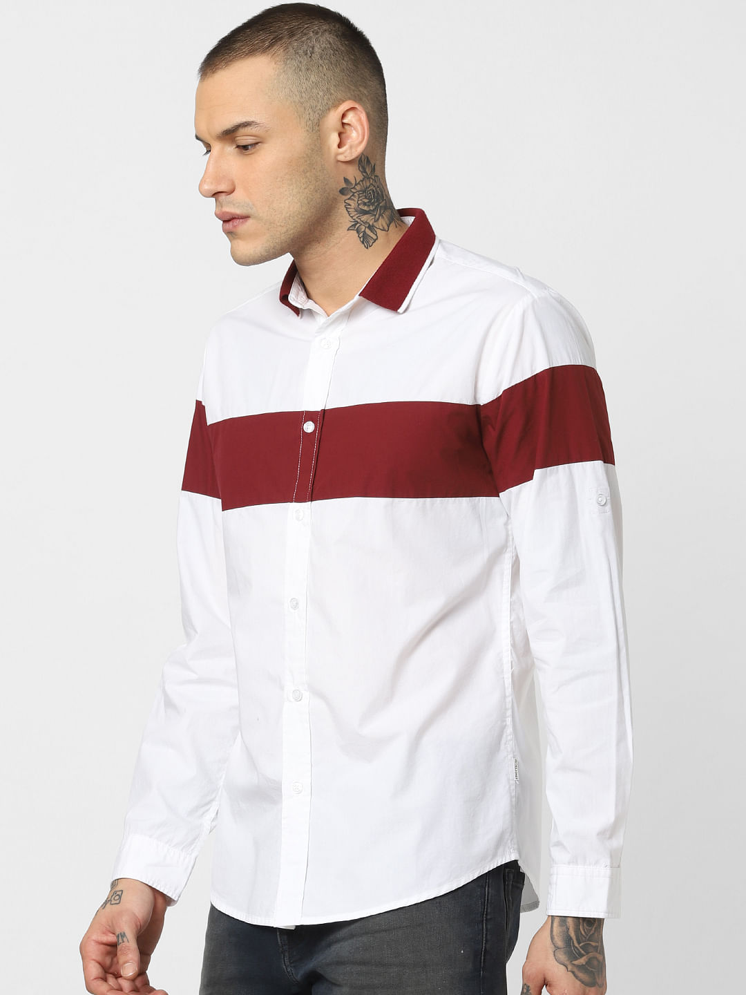 White Colourblocked Full Sleeves Shirt